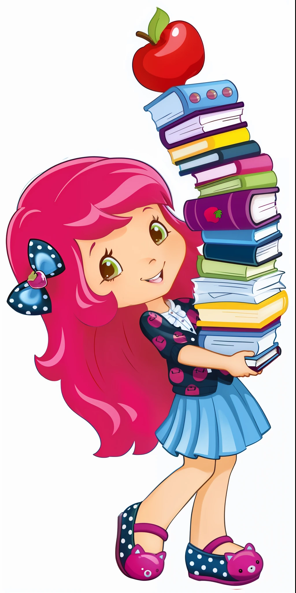 a cartoon girl carrying a stack of books and an apple, segurando uma pilha de livros, holding books, Arte Oficial, Chibi, cheio de livros, official illustration, Foto promocional, Librarian, papel de parede!, arte promocional, estudioso, alta resolução, Torres, saque de livros, readhead, illustration!, Altas, menina da escola, foto do perfil, muitos livros