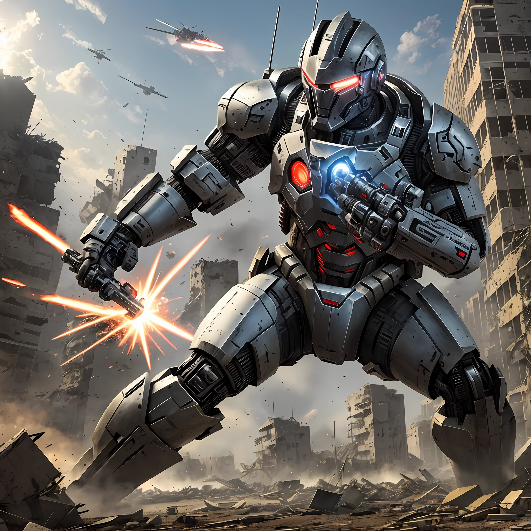 Deep inside an abandoned space station, a space soldier equipped with a futuristic cyberpunk armor and a glistening exoskeleton faces a horde of combat drones. Capture the tension of the moment, depicting the soldier engaged in a relentless battle, utilizing high-tech weaponry and their exoskeleton-enhanced abilities to defend against the relentless machines. --auto