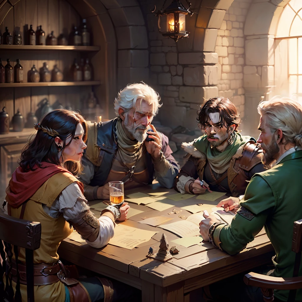 (((Um grupo de amigos jogando D&D))). ((RPG de mesa). (Estilo livro de D&D). (Epic characters of D&D). (D&D). (Background an epic tavern). --auto
