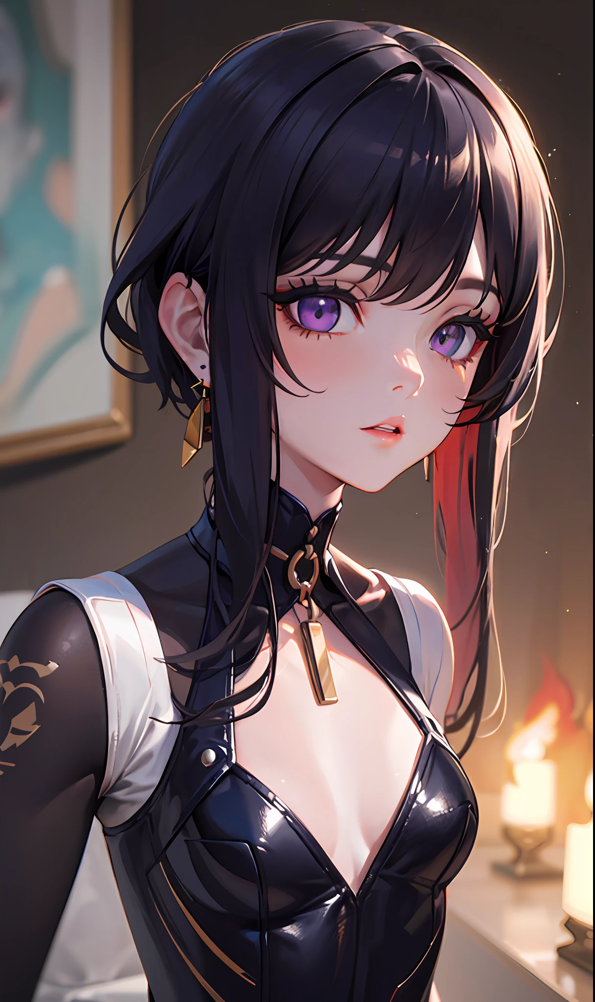 （masterpaintings，Sideslit，Beautiful eyes：1.2），（masterpaintings*sportrait），sportrait，busts，（busts），Lifelike，Anatomical correct，3D脸，luscious skin，（solo），Hair with pick-dye，Gradient hair，（closeup of face），Lovely face，（Fire opal-like purple eyes），Hanging eye corners，（（highdetailedskin，Visible pores）），（Perfect body），A beautiful girl，Cleavage small breasts，（（plugsuit）），（neck rings），very short gloves，（chain）
