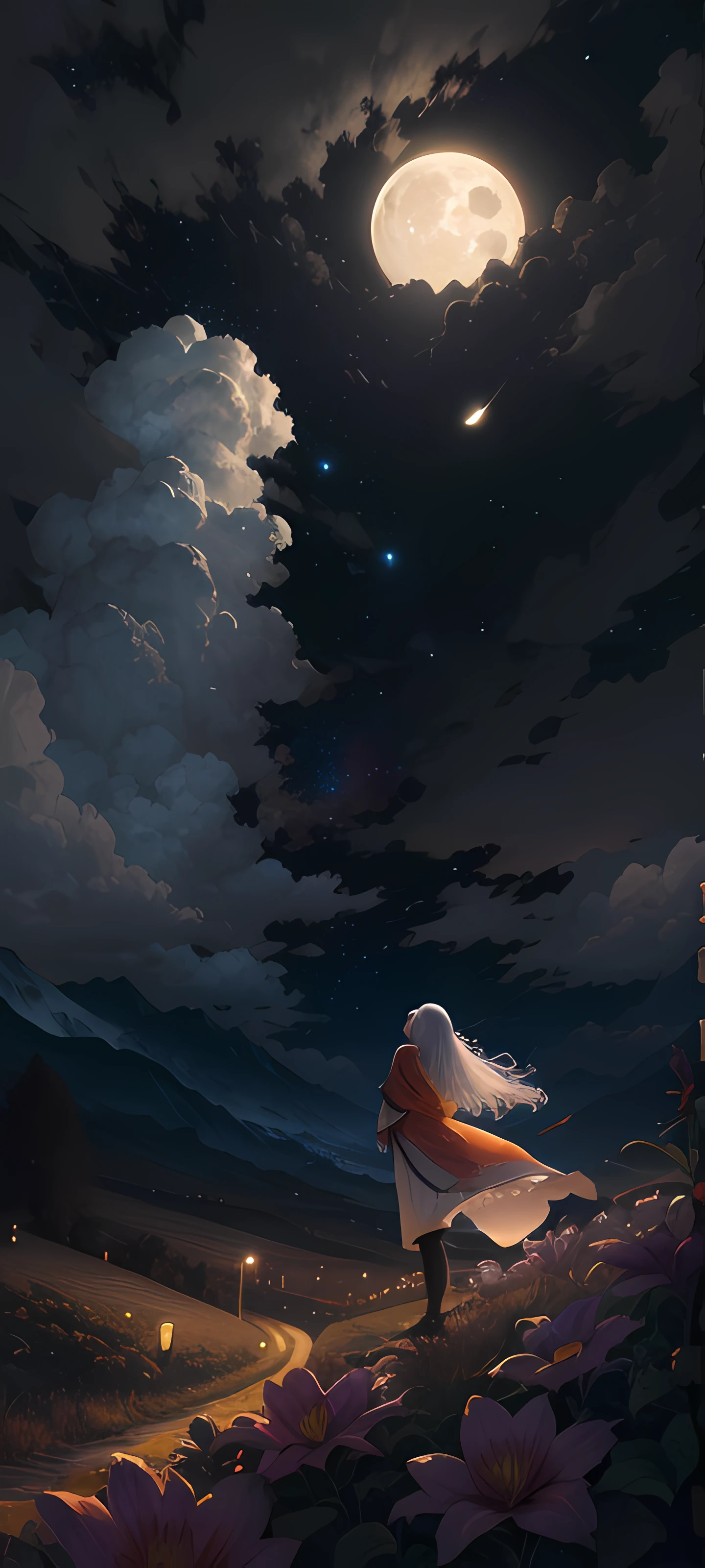 Expansive landscape photograph,(look from down,Above is the sky,Below are open fields),A girl standing on a flower field looking up,White hair,(moon full:1.2),(Meteor:0.9),(Starcloud:1.3),far away mountain, Tree BREAK making art,(Warm light source:1.2),(glowworm:1.2),lamp lights,Lots of purple and orange,Complicated details,Volumetric lighting BREAK(masterpaintings:1.2),(optimal quality),4k,superdetailed,(dynamic compositions:1.4),with rich details,rich colour,(Iridescence color:1.2),(glowing with,Atmospheric lighting),dreamlike,magical,(独奏:1.2)