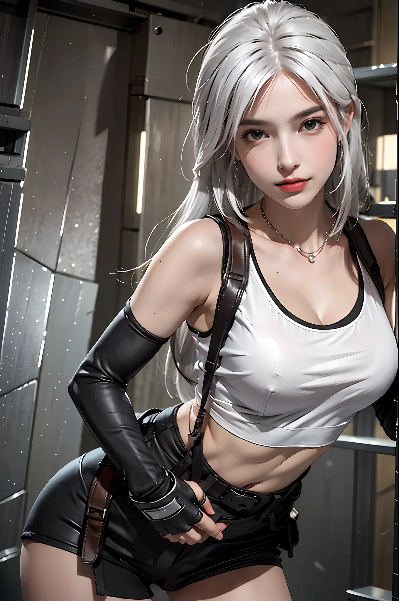 photorealistic, high resolution, 1 girl, solo, white hair, hips up, tifa lockhart, final fantasy vii remake, white tank top, elbow gloves, single elbow pad, fingerless gloves, gloves,