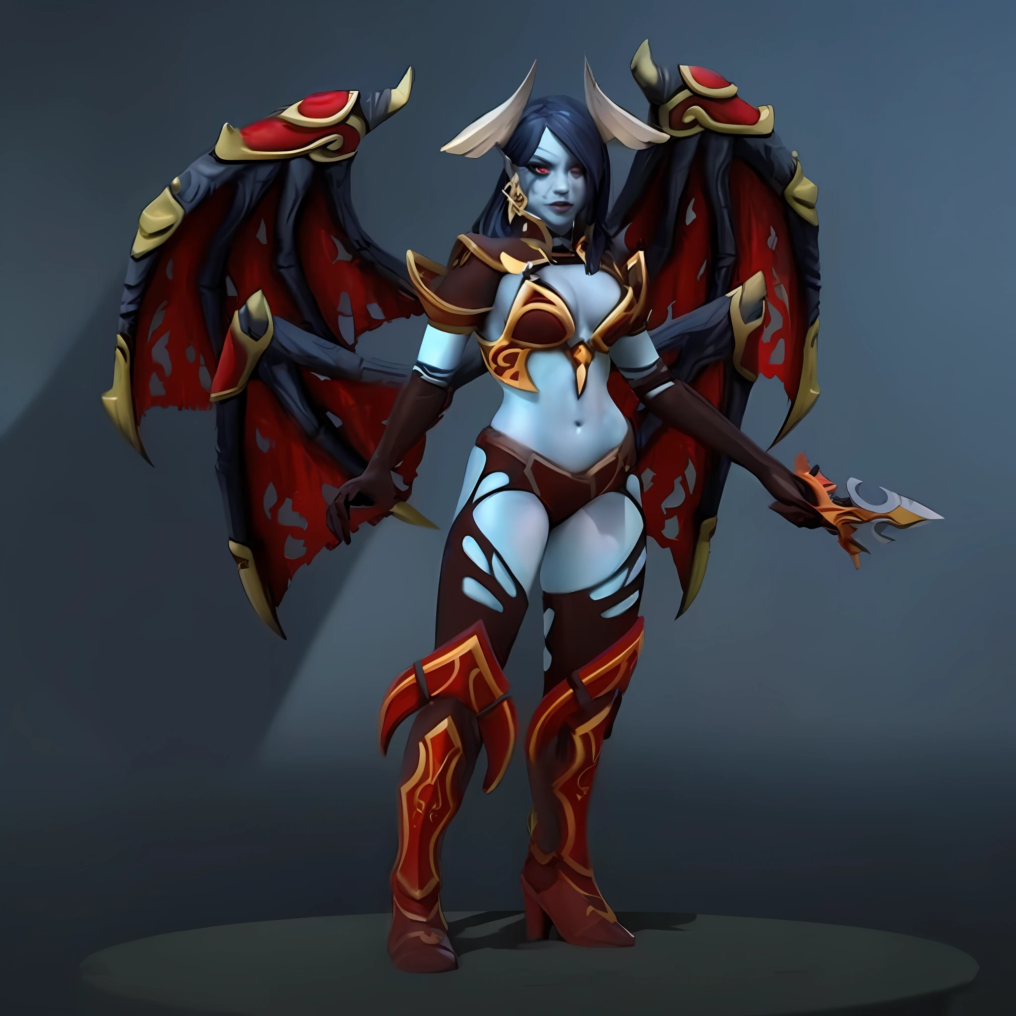 Una mujer con un traje rojo y negro sosteniendo una espada, Personaje de Dota, dark demonic dancer, Hechicera Oscura Vista completa, pintado en el estilo arcano, Arte conceptual de Dota 2, hero from dota 2, Mujer diablo de cuerpo completo, female lord of change, succubus, demon armor, succubus | medieval, Beautiful succubus, muy seductora, dominatrix,alta calidad, joven demonio hermosa