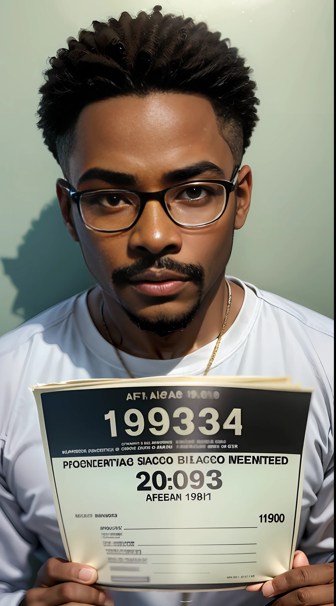 mugshot photograph of African American, black man in his 20s, mustache, glasses from 1980s, in prison, , criminal mugshot, holding plate with numbers