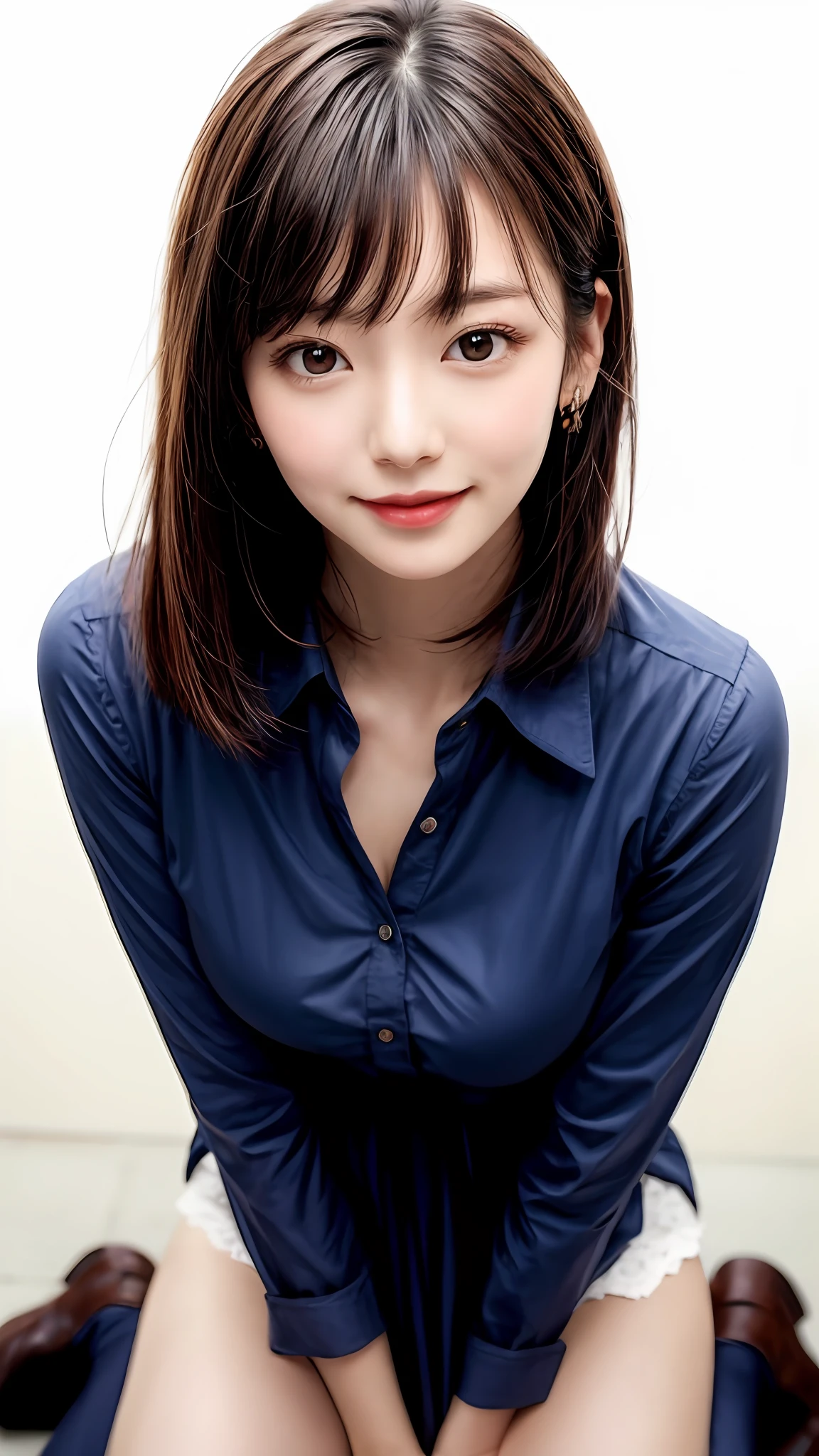 Pee (incontinence: 1.47), fashion trendy beautiful and attractive woman, gentle and attractive Chinese beautiful woman, Korean (kpop idol), delicate and sexy collarbone, attractive oval face, double eyelids, smart [peach] flower eyes, pink lips, small nose, bare shoulders, focus on face, [[face close-up], ultra high definition, super detail, White off-shoulder lace shirt, (((white lace panties), fresh and impressive, natural (large: 1.25), (kneel on the ground), (legs wide open), (legs spread), (from a low angle), (upright 1.5), (shiny skin: 1.4), (low angle)), perfect figure, areola, cleavage, armpit wrinkles, (floor urine)), (NSFW: 1.05), ( Showpiece, top quality, high precision)), one girl, (big, photorealistic: 1.4), (slightly above the camera, looking up at the camera, looking up, looking up at the camera, staring at the camera))), solo, solo, white background, snow-white background, mouth closed, happy smile, pretty black hair, short hair, big eyes, pronounced double eyelids, eyelashes, ears out, long neck, long neck, Absolute area, ((close-up of face, short hair with bangs)), 19 years old, attractive proportions, shiny skin, clean collarbone, golden ratio face, perfect face, teardrop mole, chest mole, bangs, clean bangs, beautiful bangs, lip gloss, thin lips, white skin, undressed, big breasts, small face, staring at the camera a little upwards, ((smiling a little at the camera, really nothing pure white background, very big, big big, big breasts)), ((((uniform, shirt))))