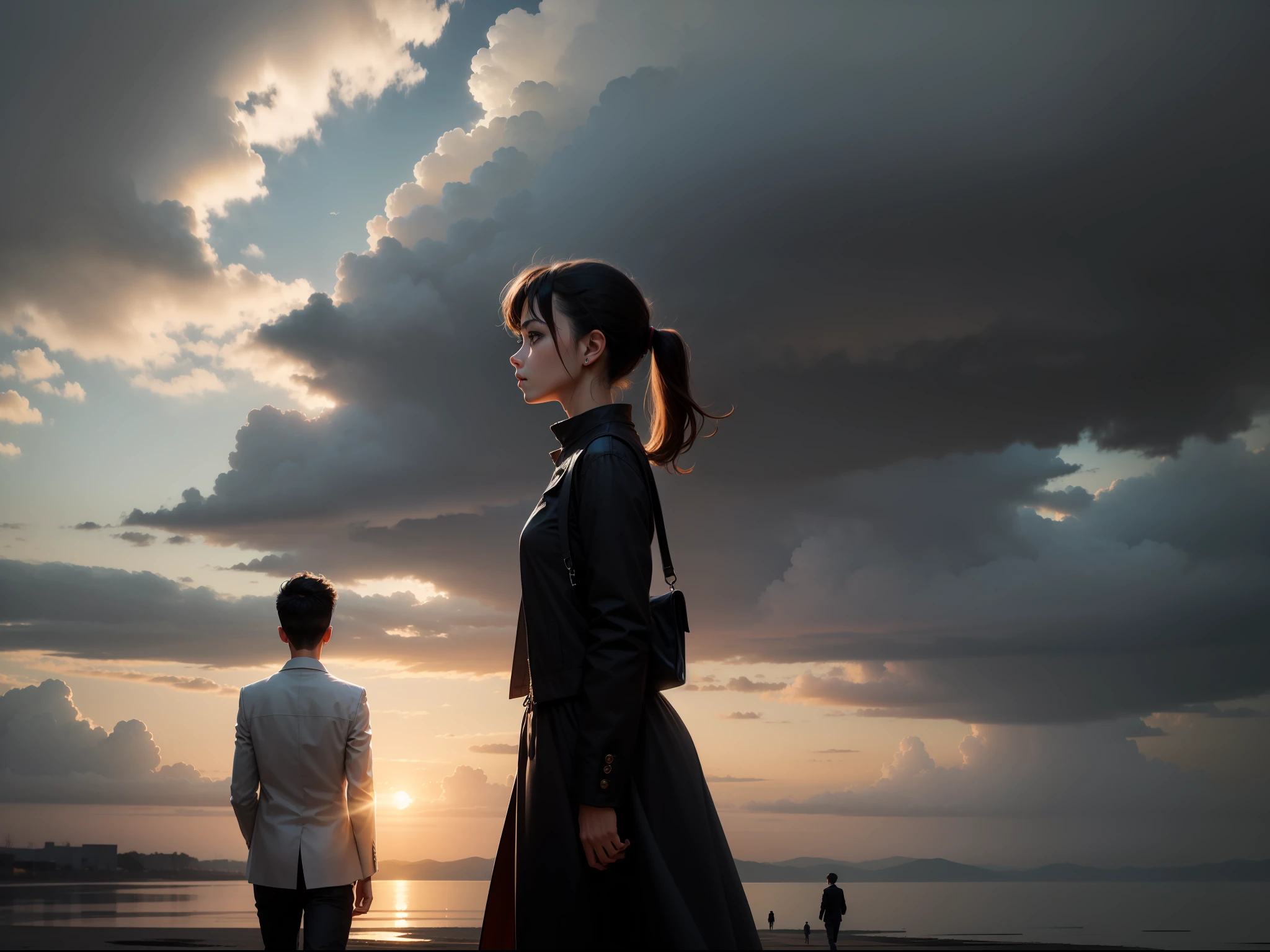 a woman in profile, cloudy weather, a boy walking in the background of the image, leaving, great quality