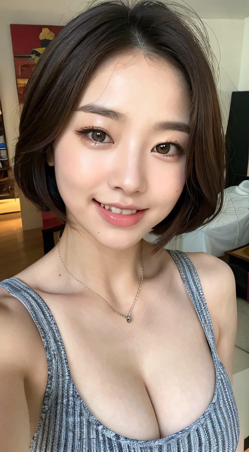 ((Best picture quality, 8K, masterpaintings:1.3)), 1girl huge large breasts, Beautiful woman with slender abs:1.3, (Casual hairstyle, :1.2), Sexy dress,Ultra-fine face, detailed eye, 双眼皮,Smile with。Take pictures in cute poses,The figure is very bad,tiny small waist,bigbreast,Close-up,Close-up chest,White-skinned,beautiful in the background
