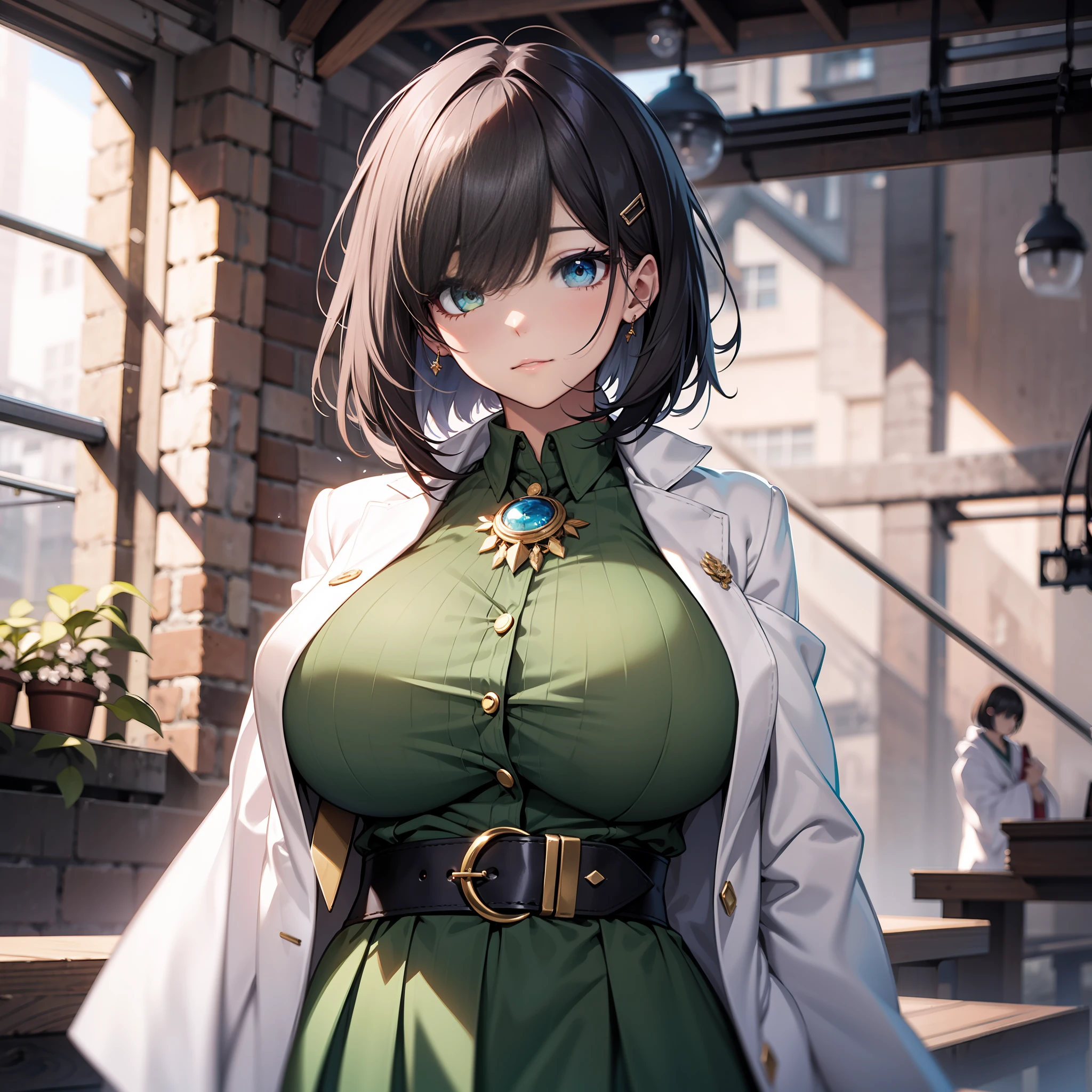 researcher、Hanging eyes、Increased hair volume、bob cuts、White robe、HugeBoobs、brooch、Green Shirt、Long skirt、