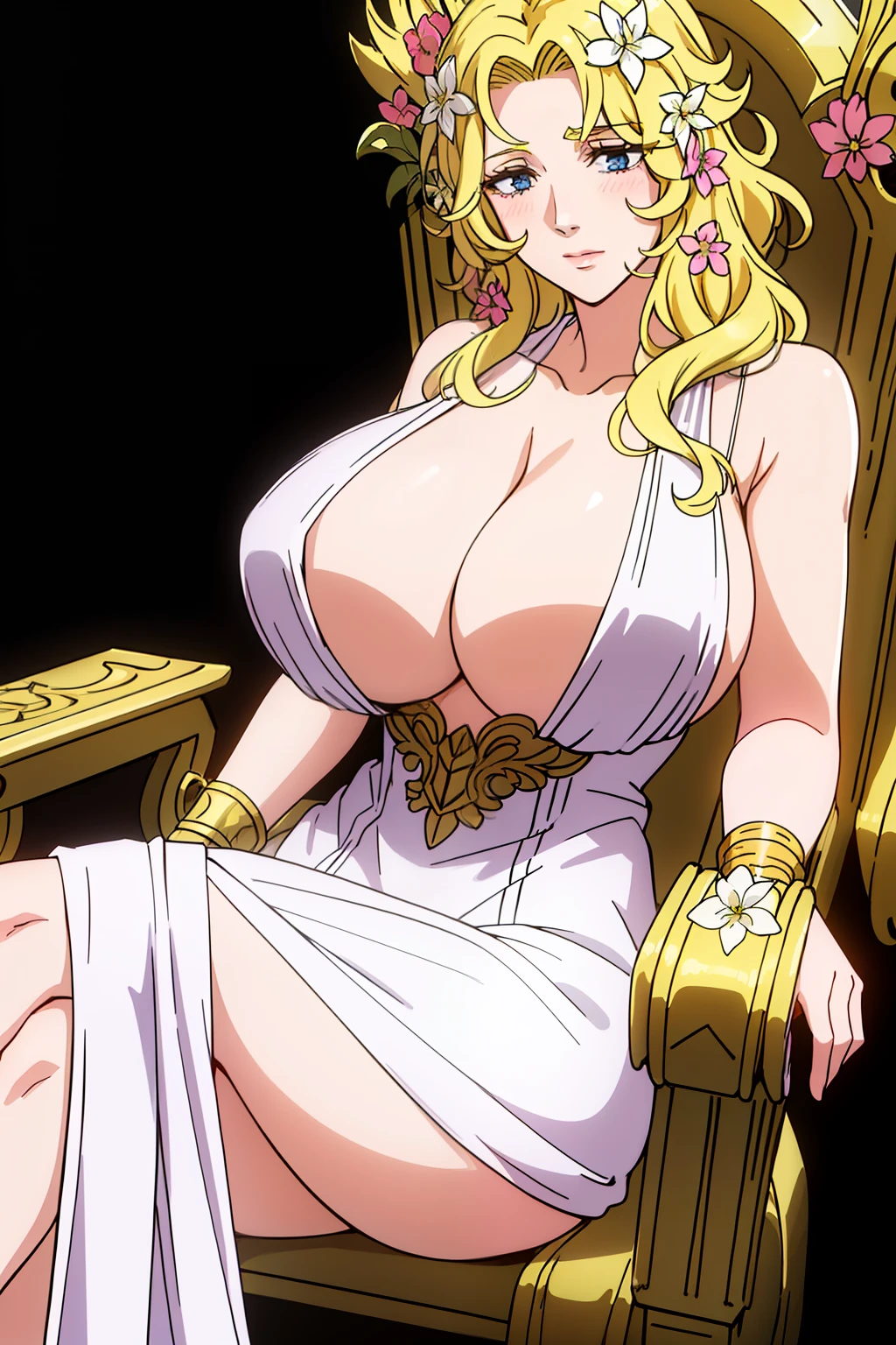 1girl, solo, aphroditeS,  blond hair, hair ornaments, flowers in hair, huge breasts, white dress, cleavage, neckale, golden bracelets, 
sitting in throne, black background, arms down, arms resting in chair arm,
masterpiece, best quality, vibrant colors,