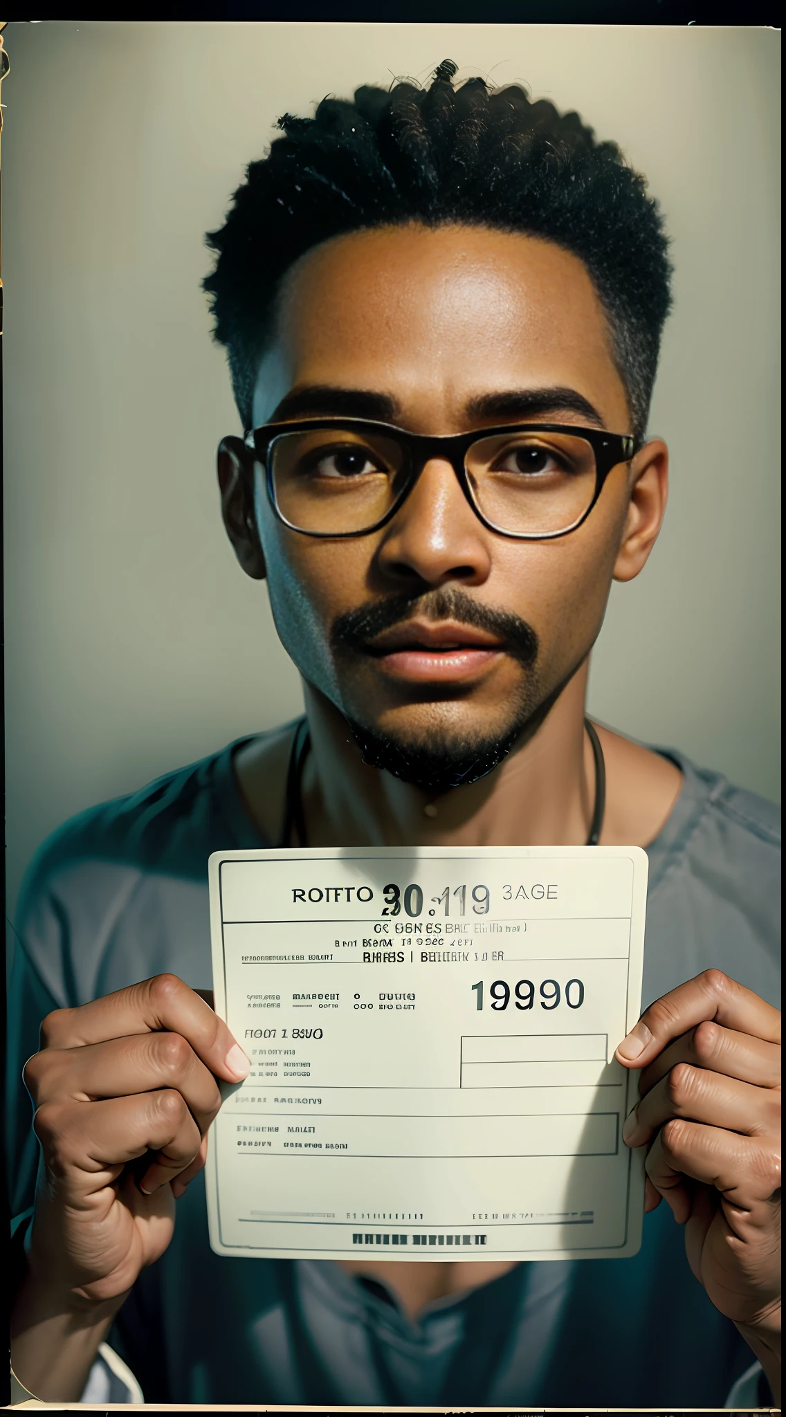 mugshot photograph of African American, black man in his 20s, mustache, glasses from 1980s, in prison, , criminal mugshot, holding plate with numbers