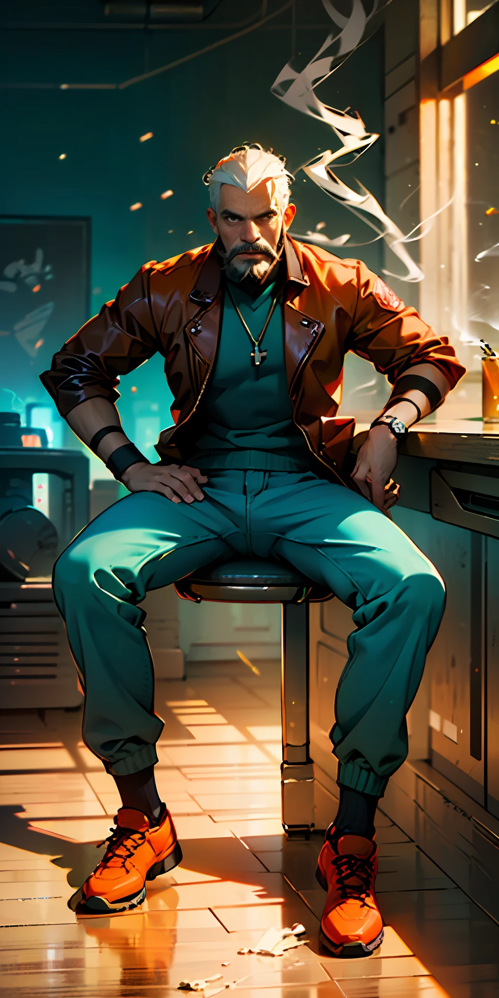 (high-tech theme)), high detail, realistic, photo quality, high quality, (photorealistic:1.4), ((science fiction)), man, (Caucasian: 2.4), 50 years old, mature, old, ((large male)), inside a dark office, ((muscular: 3.9)), grizzly man, ((thick beard)), white hair, leather jacket, military leader, ((sitting at the desk, facing the viewer)), front of the body, looking at the viewer, ((smoking a cigarette)), good hands, muscular body, professional, relaxed pose, defined eyes, piecing gaze, serious face, brown eyes, defined face, balanced face, clear facial features, (Caucasian: 1.9), futuristic office, sci-fi environment, futuristic room, office chair, ((casual clothing)), ((((scorching heat, orange light, harsh sunlight, desert climate)))), relaxed face (green clothes: 5.0), ((sitting down)), (((masculine))), grunge