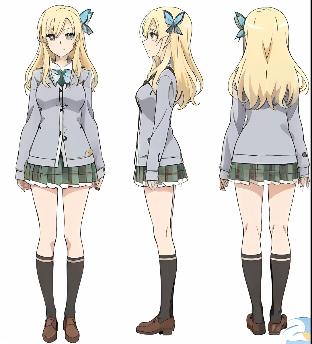 A woman in a short skirt and jacket，Bow, anime girl named lucy, anime best girl, anime visual of a cute girl, anime full body illustration, Blonde anime girl with long hair, Single character full body, female anime character, anime vtuber full body model, rena nounen style 3/4, ECCHI anime style, as an anime character