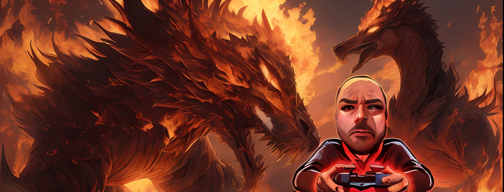 ((Best quality)), ((Masterpiece)), deux dragons entourant un gamer, il tient une manette de jeu en feu dans les mains, le tout dans une prison de flammes, masterpiece quality, insane detail, absurdes, hyper photorealistic, UHD, UHD, ultra highres, (photorealistc:1.4), Art officiel, (8k, Photo brute:1.2)