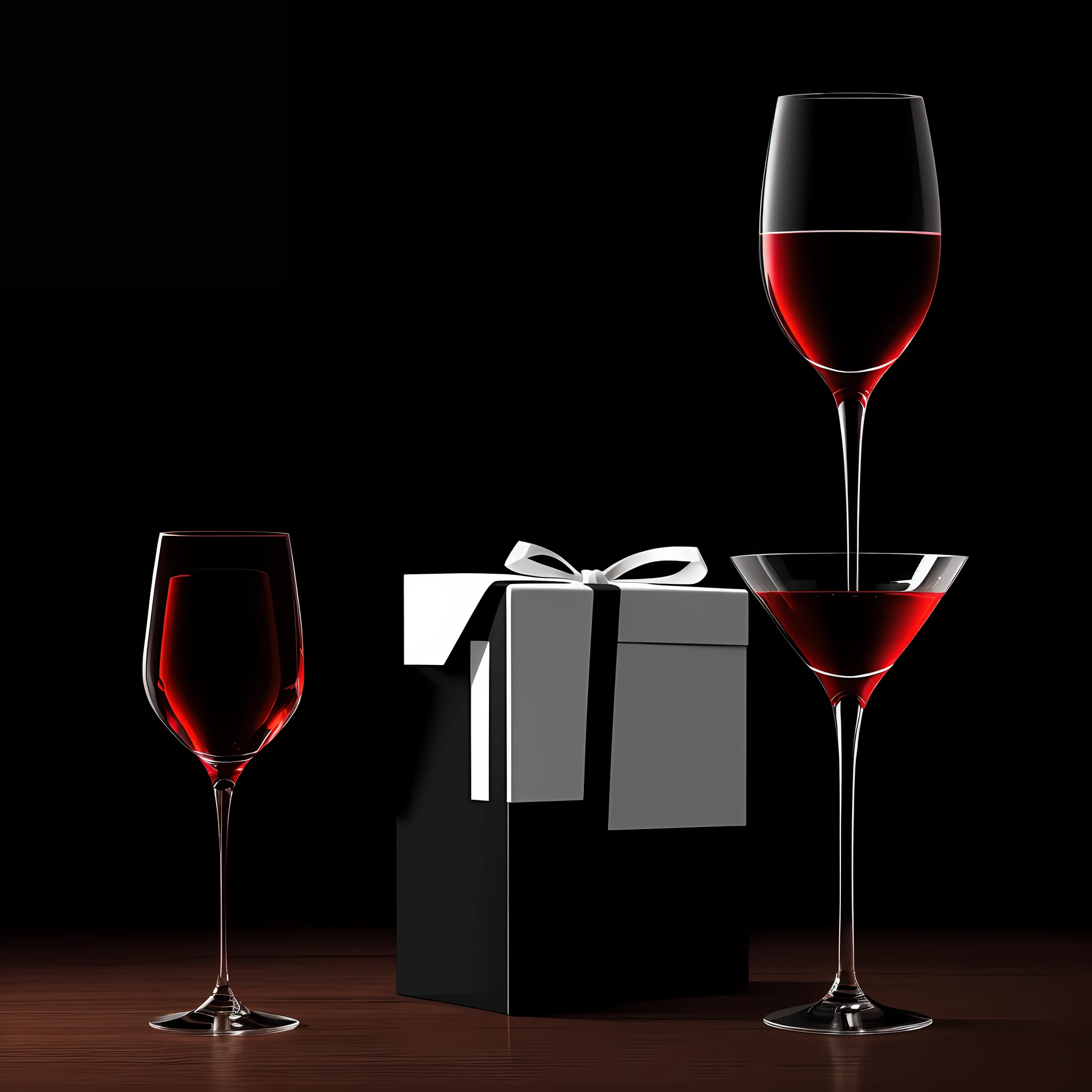 Extravagant red wine gift box packaging effect，Stereoscopic 3D，Monochrome focused background，A goblet with red wine，Light and shadow glass，beste-Quality，16:9 --auto