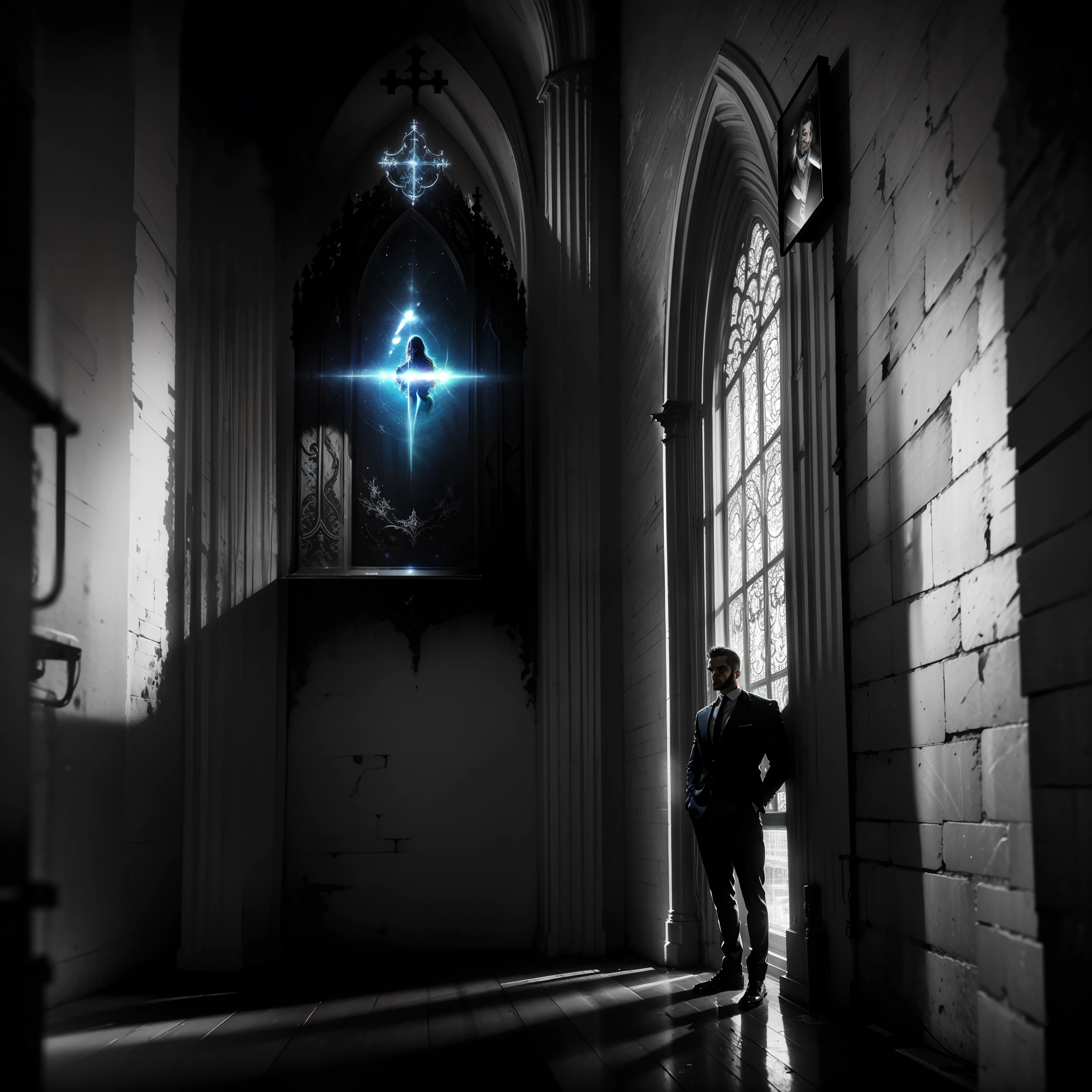 retrato de gigachad, como um (Preacher: 1.3), em uma igreja, vestes pretas, muscular, (cruz santa locket: 1.1), 8k uhd, dslr, alta qualidade, movie grain, Fujifilm XT3