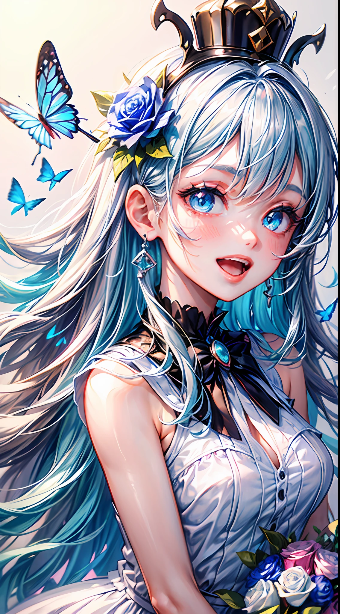 ( ✌:1.5) 1girl, flower, bouquet, white hair, blue flower, hair ornament, blue eyes, dress, solo, rose, smile, long hair, blue rose, holding bouquet, white dress, holding, looking at viewer, butterfly, open mouth, multicolored hair, bug, gradient hair, sleeveless, blush, crown, white background, very long hair, blue hair, :d, virtual youtuber, bangs, hair flower, bare shoulders, earrings, hairclip, jewelry, sleeveless dress, simple background, choker, veil, ribbon, mini crown ,torino aqua,ski style