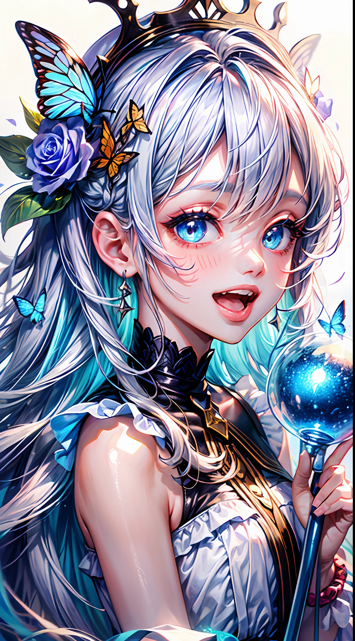 ( ✌:1.5) 1girl, flower, bouquet, white hair, blue flower, hair ornament, blue eyes, dress, solo, rose, smile, long hair, blue rose, holding bouquet, white dress, holding, looking at viewer, butterfly, open mouth, multicolored hair, bug, gradient hair, sleeveless, blush, crown, white background, very long hair, blue hair, :d, virtual youtuber, bangs, hair flower, bare shoulders, earrings, hairclip, jewelry, sleeveless dress, simple background, choker, veil, ribbon, mini crown ,torino aqua,ski style