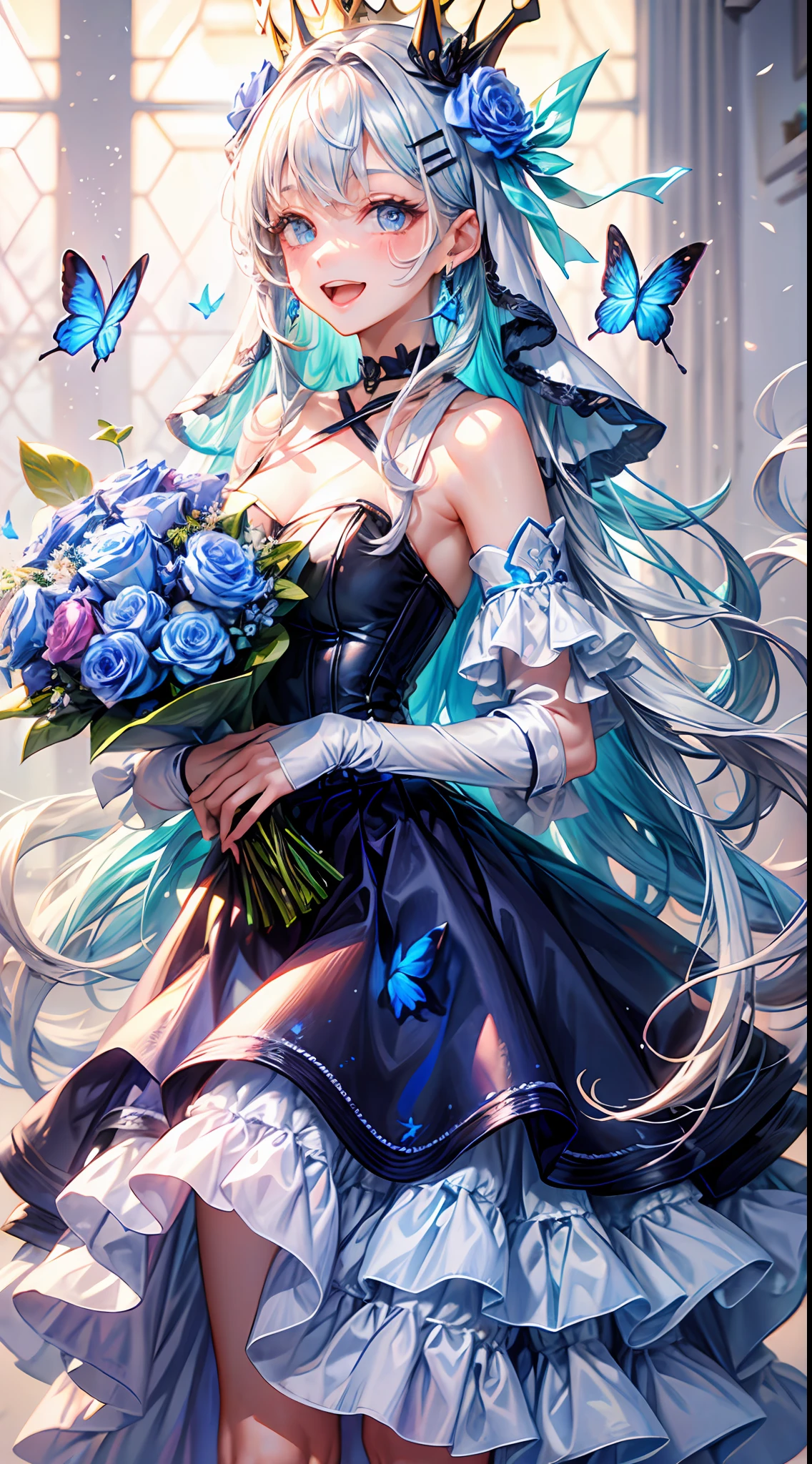 ( ✌:1.5) 1girl, flower, bouquet, white hair, blue flower, hair ornament, blue eyes, dress, solo, rose, smile, long hair, blue rose, holding bouquet, white dress, holding, looking at viewer, butterfly, open mouth, multicolored hair, bug, gradient hair, sleeveless, blush, crown, white background, very long hair, blue hair, :d, virtual youtuber, bangs, hair flower, bare shoulders, earrings, hairclip, jewelry, sleeveless dress, simple background, choker, veil, ribbon, mini crown ,torino aqua,ski style