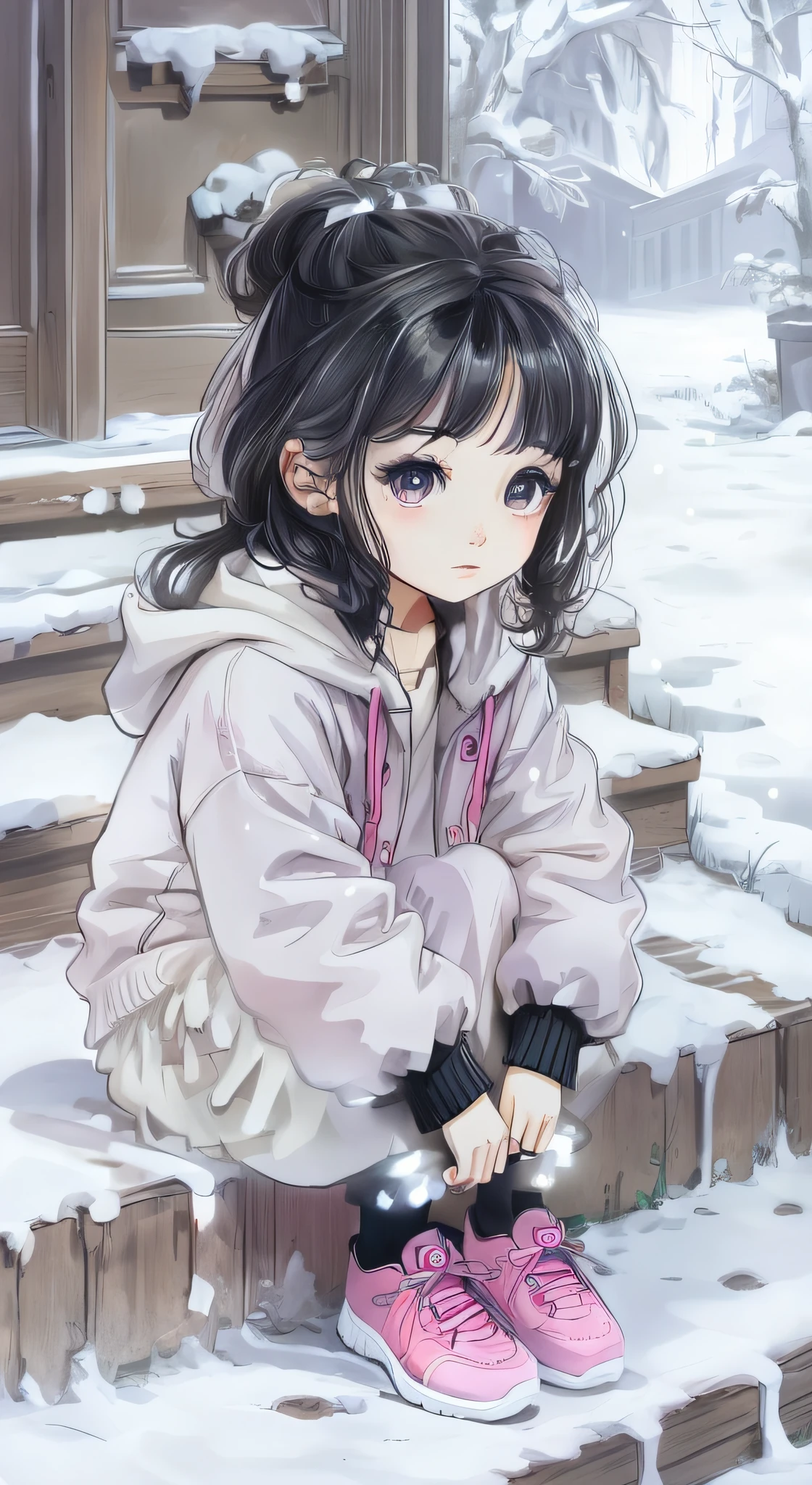 Anime girl sitting on steps in the snow,Wear shoes, black haired girl wearing hoodie, Cute anime girl, anime visual of a cute girl, In anime style, in an anime style, the anime girl is crouching, beautiful anime style, Realistic anime art style, Cute anime style, up of young anime girl, cute artistic style, realistic anime artstyle