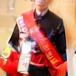 arafed man with a red sash and a red ribbon, holding a red banner, thawan duchanee, wearing presidential band, subject action : holding sign, subject action: holding sign, red ribbon, big ribbon, sukhothai costume, help me, inspired by Sarper Baran, 1 st winner, in style of thawan duchanee