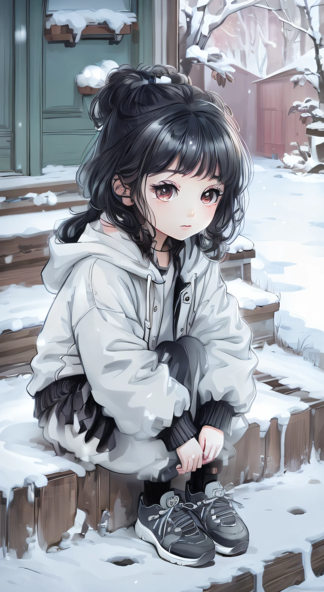 Anime girl sitting on steps in the snow,Wear shoes, black haired girl wearing hoodie, Cute anime girl, anime visual of a cute girl, In anime style, in an anime style, the anime girl is crouching, beautiful anime style, Realistic anime art style, Cute anime style, up of young anime girl, cute artistic style, realistic anime artstyle
