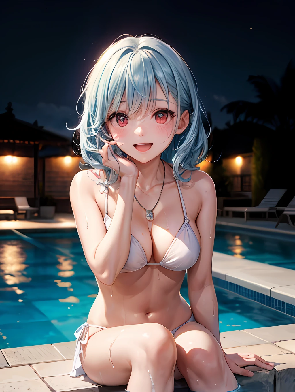 最好质量、One girl:1.8、Light blue hair、Longhaire、wave、Wet hair:1.2、Red eyes、Pink blush color under the eyes:1.6、a smile、Opening Mouth、Put your hands on your face:1.2、neckless、Small white bikini:1.3、big tit:1.5、Constriction、beauty legs、by night、gloomy lighting、Night Pool、No people、Background blur