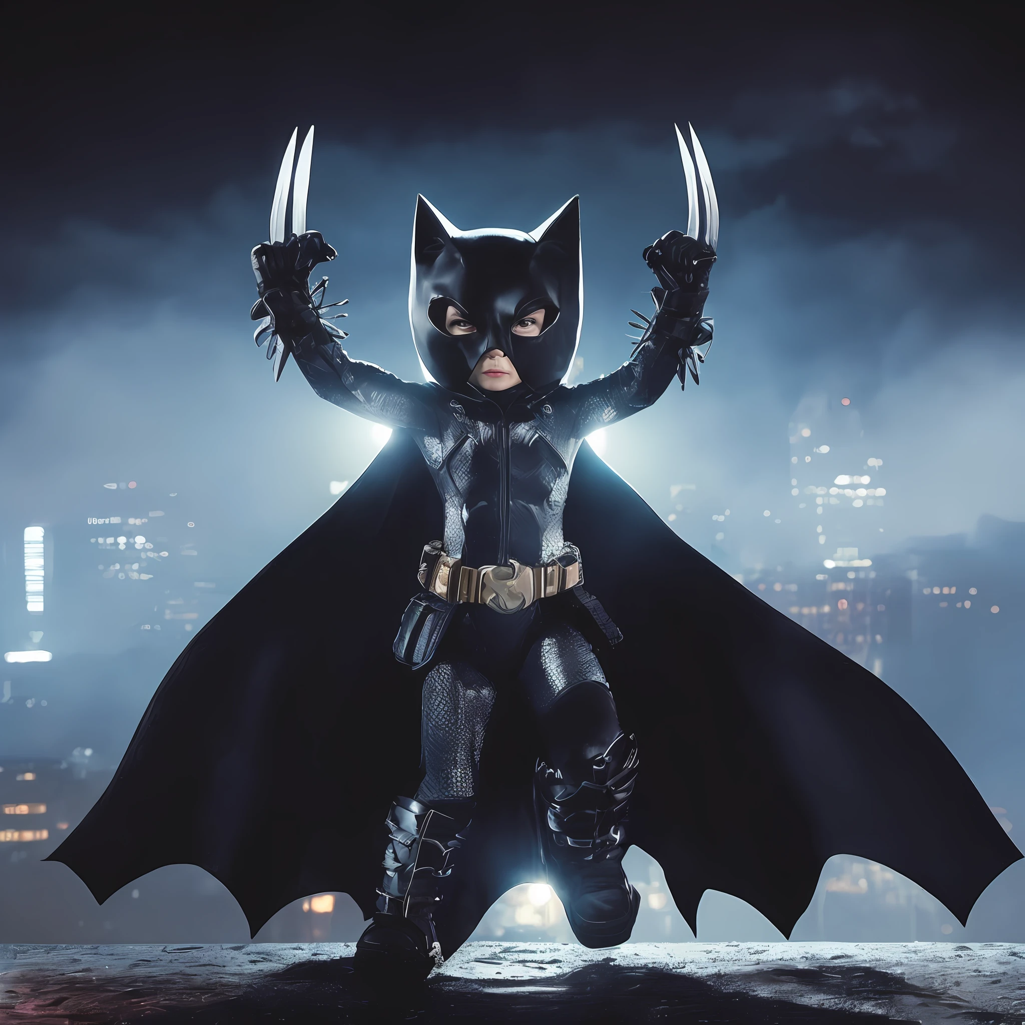 Raw Photo, Hybrid toddler character mixing Catwoman with Batman. Daughter of Batman and Gatubela, Gotham City rooftop, moonlit night, action-packed, dynamic poses, rain-soaked surroundings, smoky atmosphere, Bat-signal lighting up the sky, intense stare, flowing capes, claws and batarangs, city skyline in the background, powerful and confident expressions.
