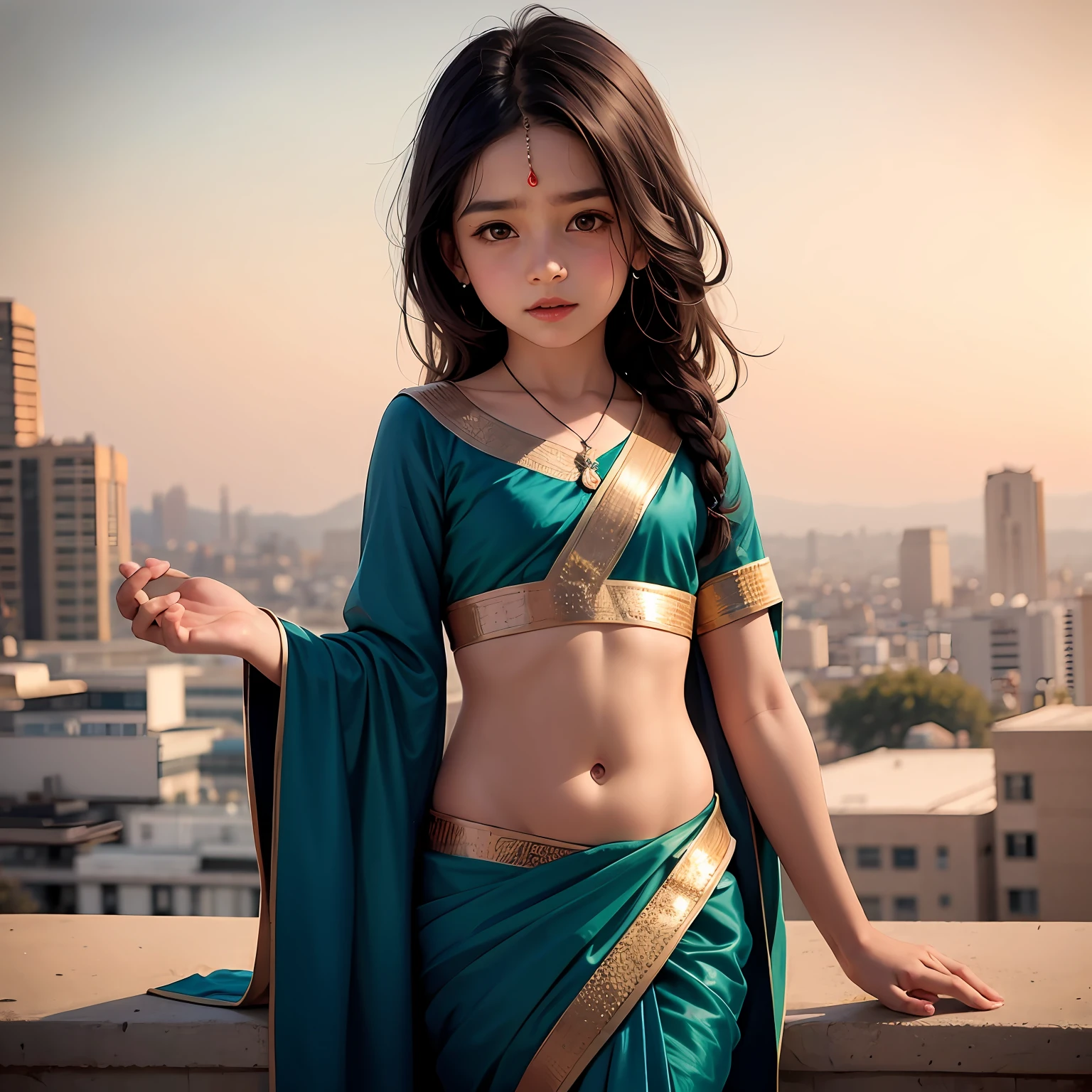 stunningly beautiful cute ( child) in saree  wlop perfect full HDR body exposed midriff
