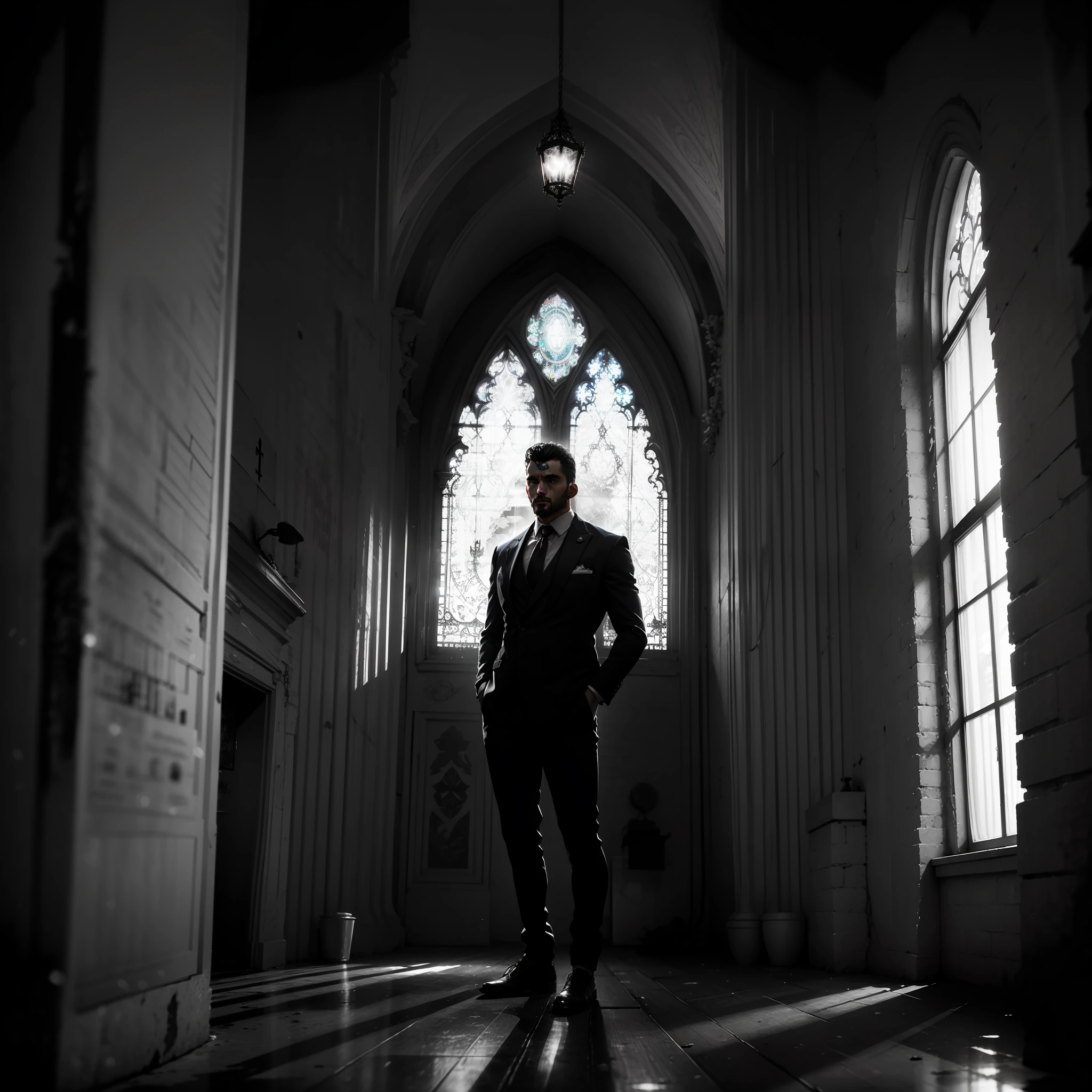 retrato de gigachad, como um (Preacher: 1.3), em uma igreja, vestes pretas, muscular, (cruz santa locket: 1.1), 8k uhd, dslr, alta qualidade, movie grain, Fujifilm XT3