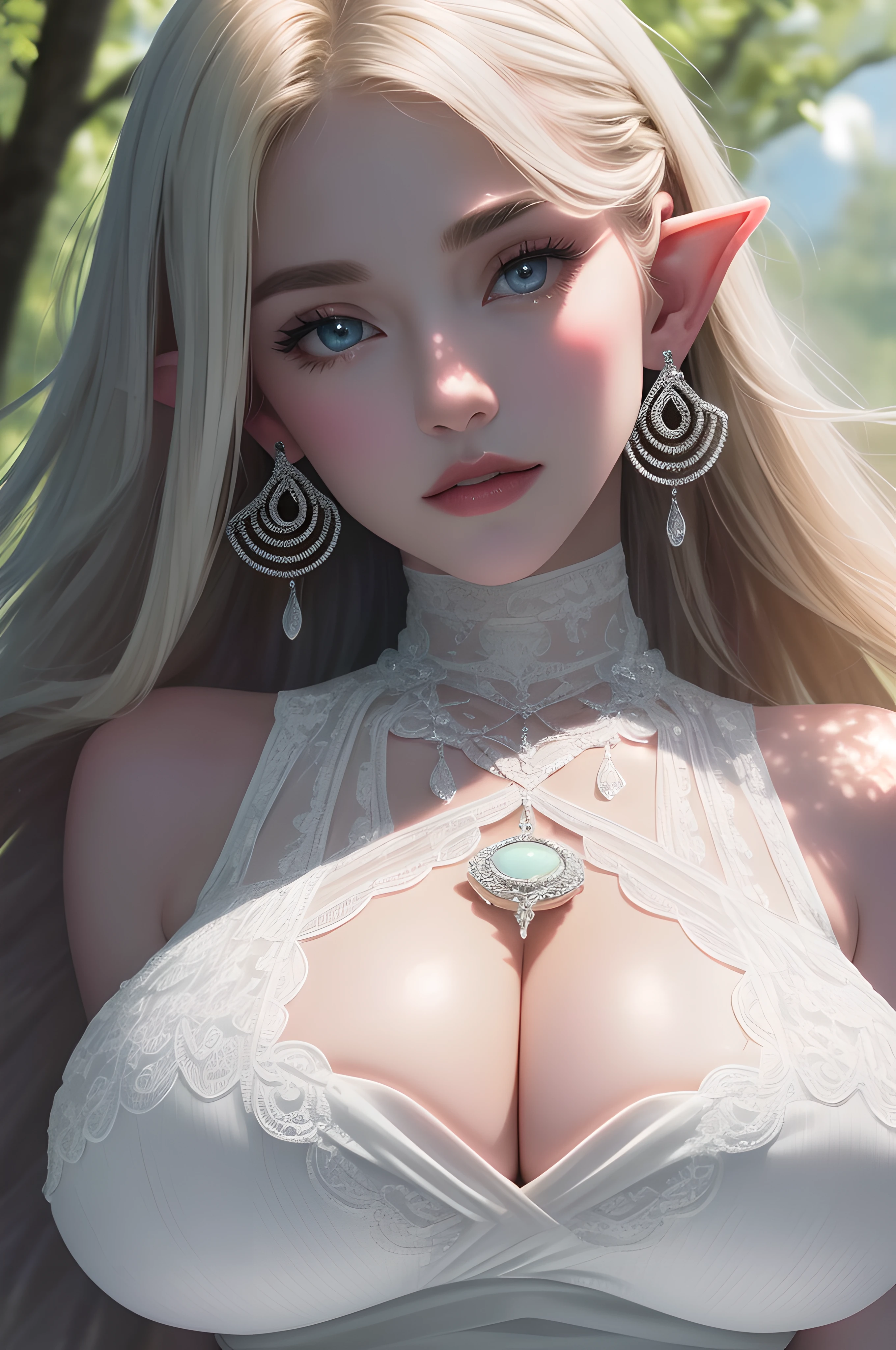 (Ultra Quality,Unparalleled Masterpiece:1.4)Ultra-Detailed CG,4K(Ultra-Detailed Clear Absurdly-Vivid Mint Big Eyes:1.2)Gorgeous Round Detailed Face(Voluptuous:1.4)Elf(Gigantic Breasts:1.8)(Voluminous Long Blonde Hair: 1.4)ADULT(Bangs, Sidelocks:1.2)Seductive(intricately detailed white dress:1.3)(Zelda)(Celestine Lucullus: 1.2)(Solo:1.4)(1Girl: 0.5)(Facing Viewer:1.2)(arms behind back:1.4)(Cowboy Shot:1.2)(from above:1.1),Skindentation(Curvaceous:1.4)(Curvy:1.4)(Bimbo: 1.4)(Normal Waist: 1.2)(Thick Lips: 1.3)small-nose(light smile: 1.2)Rocks,Trees, Plants,Bush,(long Pointy Ears:1.3)((gigantomastia))((macromastia))(((ridiculously large breasts)))(((((enormous breast)))))(absurdly huge breasts:1.5)sagging breasts,venusbody