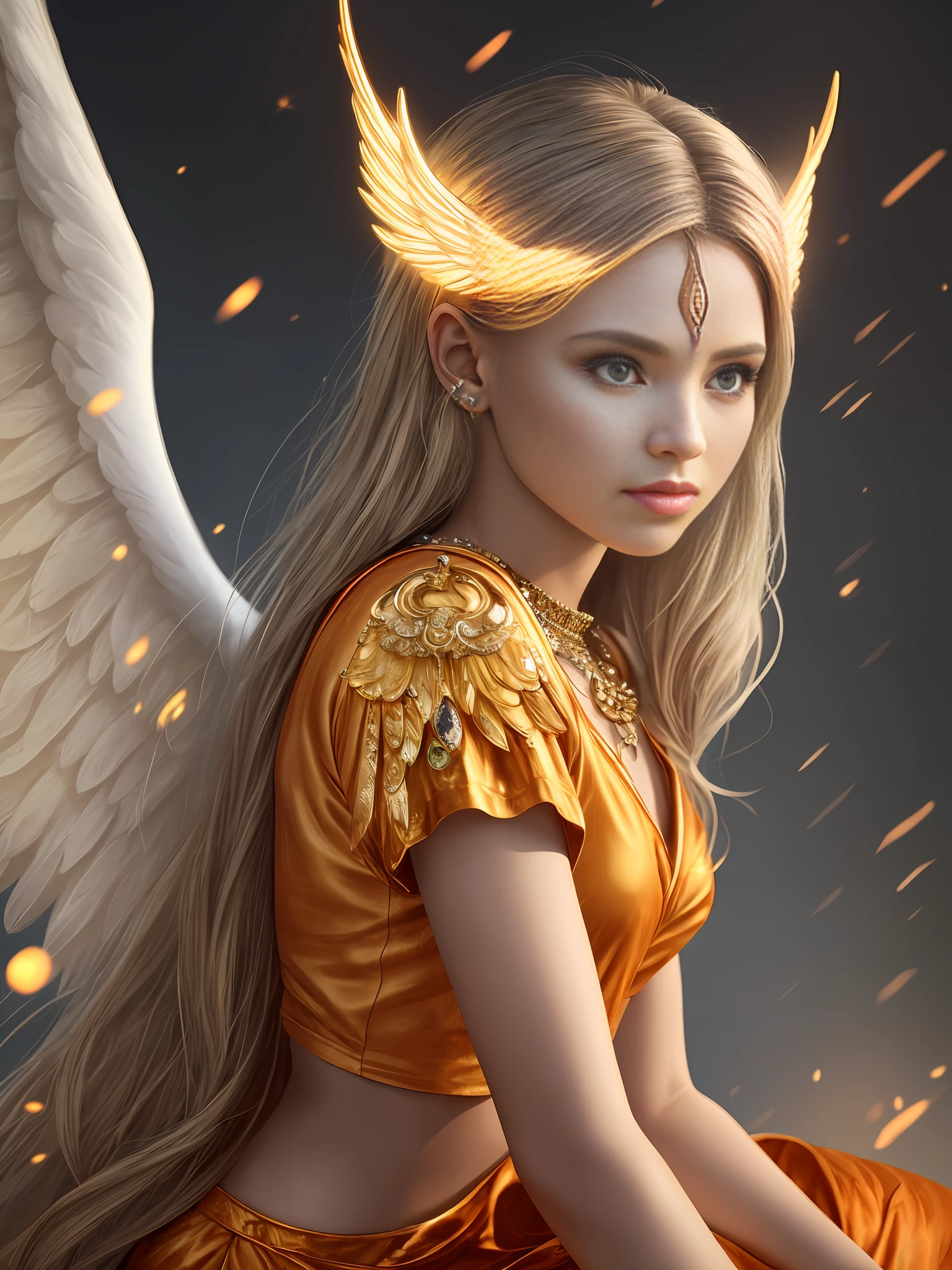 Ultra realistic photography, RAW Photography, 1 avatar  woman with large angel wings and orange uniform detailed and defined, beautiful and perfect avatar teenan on a dark background, hyper-realistic face, masterpiece, digital art, high quality and resolution, hyper-detailed wings with luminous flashes, angelic orange clothing with white and gold details, beautiful and detailed face, normal gray eyes, female angel teenagertar kneeling in prayer, orange tunic with white and gold details, precious jewels embedded, cartoon face detailed and polished, photorealism, penetrating gaze, defined long blonde hair with luminous decoration and gems and crystals --auto --s2