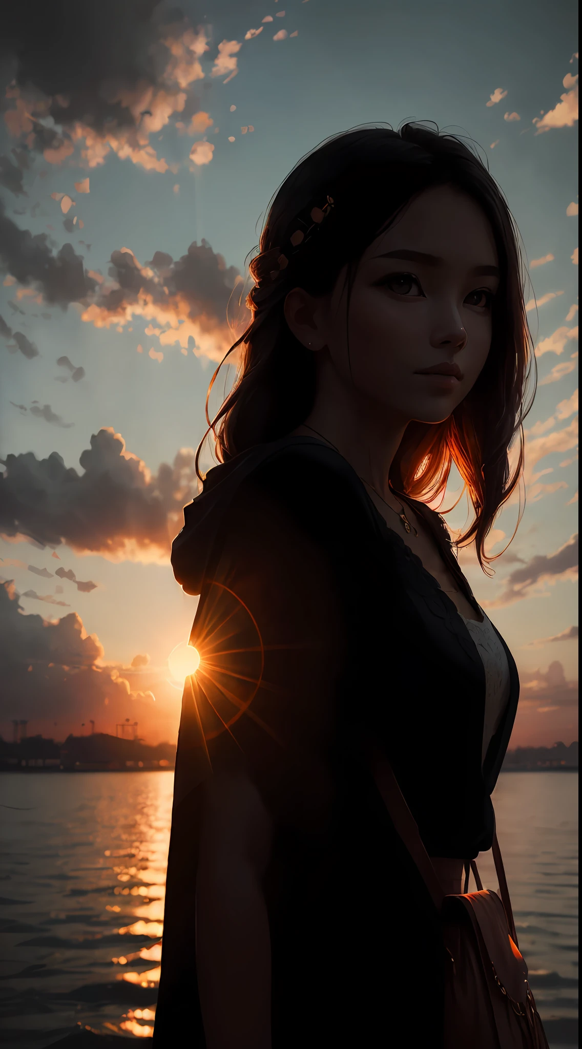 dvArchModern, 85mm, f1.8, portrait, photorealistic, hyperrealistic, orante, super detailed, intricate, dramatic, sunset lighting, shadows, high dynamic range