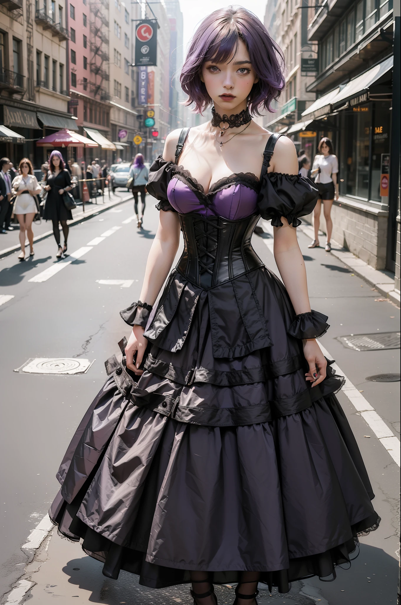 Best quality, masterpiece, ultra high res, (photorealistic:1.4), raw photo, award-winning full body shot of 2 gothic gals wearing a stylish new-gothic outfit in a New York street, purple corset, purple hair, cinematic, natural light