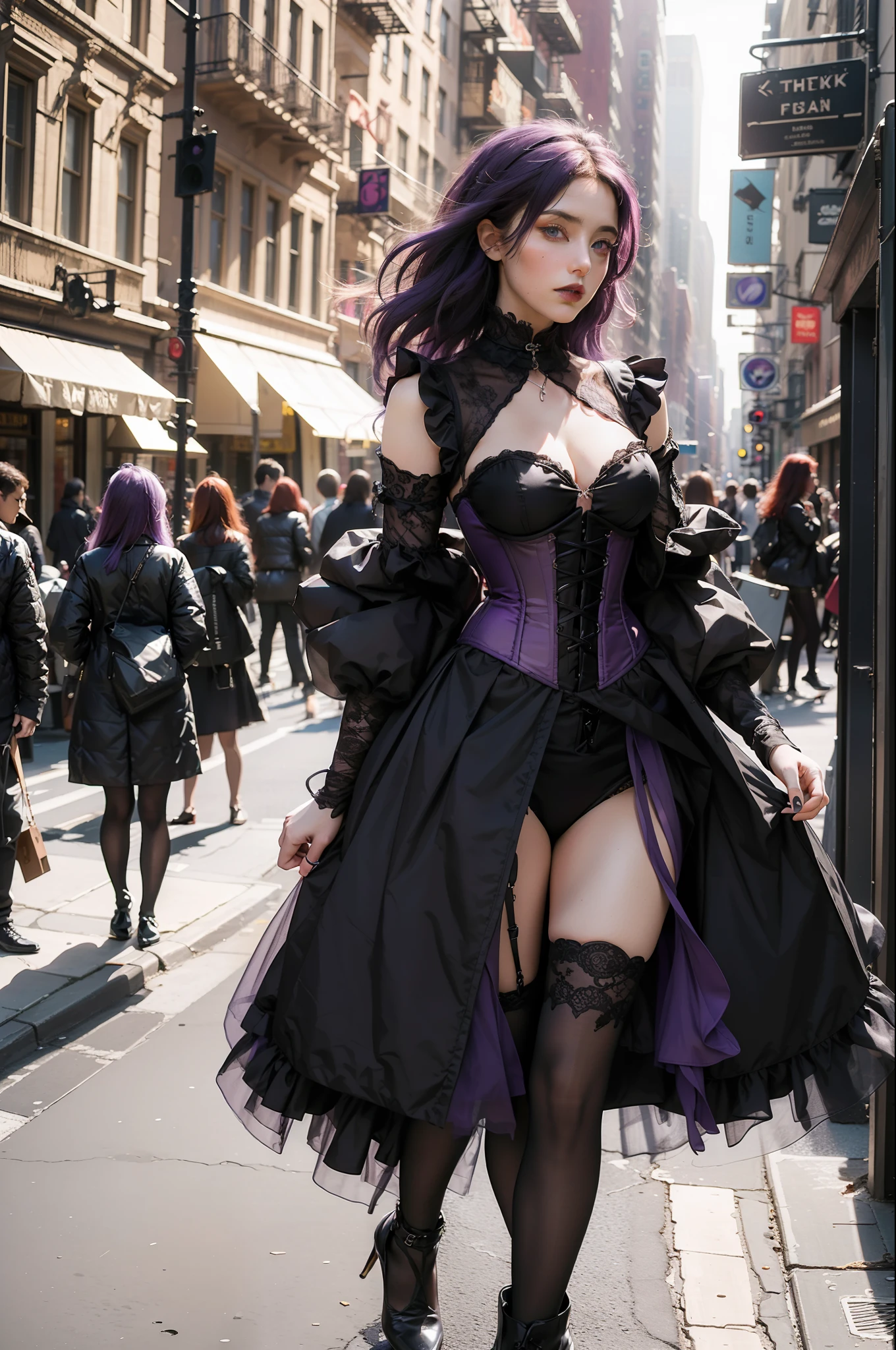Best quality, masterpiece, ultra high res, (photorealistic:1.4), raw photo, award-winning full body shot of 2 gothic gals wearing a stylish new-gothic outfit in a New York street, purple corset, purple hair, cinematic, natural light