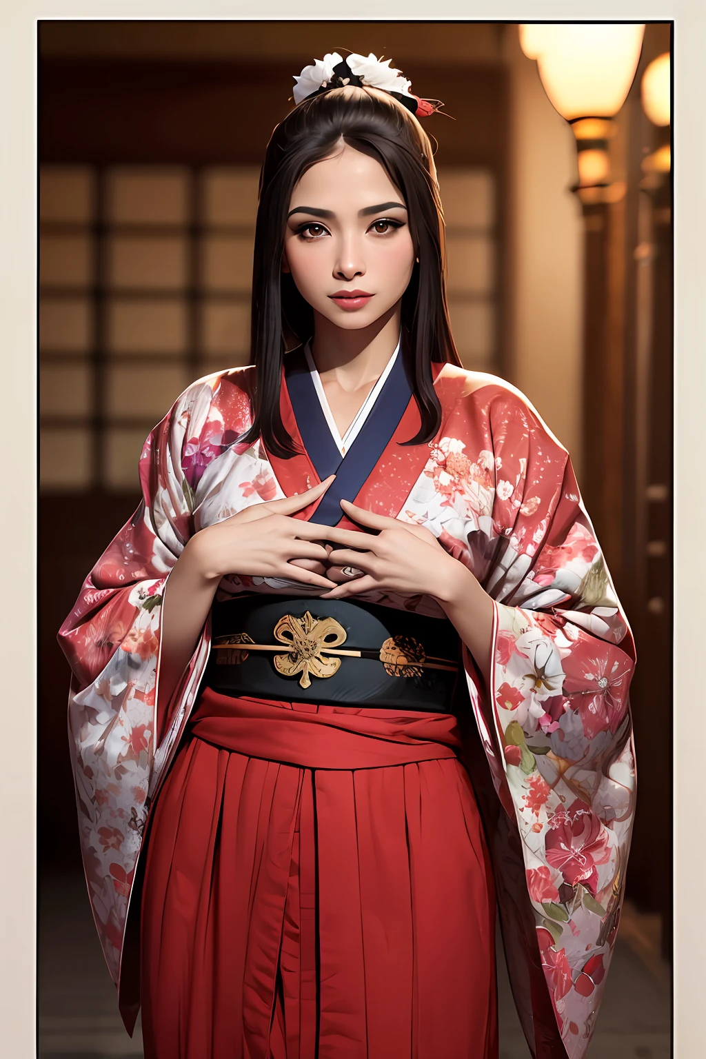1woman, mulher, pele clara, olhos brilhantes, olhos vermelhos, blush, cicatriz, sangue, normal hands, dedos detalhados, boca entreaberta, cabelo longo preto, cabelo grande, cabelo solto, samurai, ninja, kimono, traje de luta, arte marcial, pose de luta, oriental, flores, reflexo, unveiled, without covering the head(suor: 1)