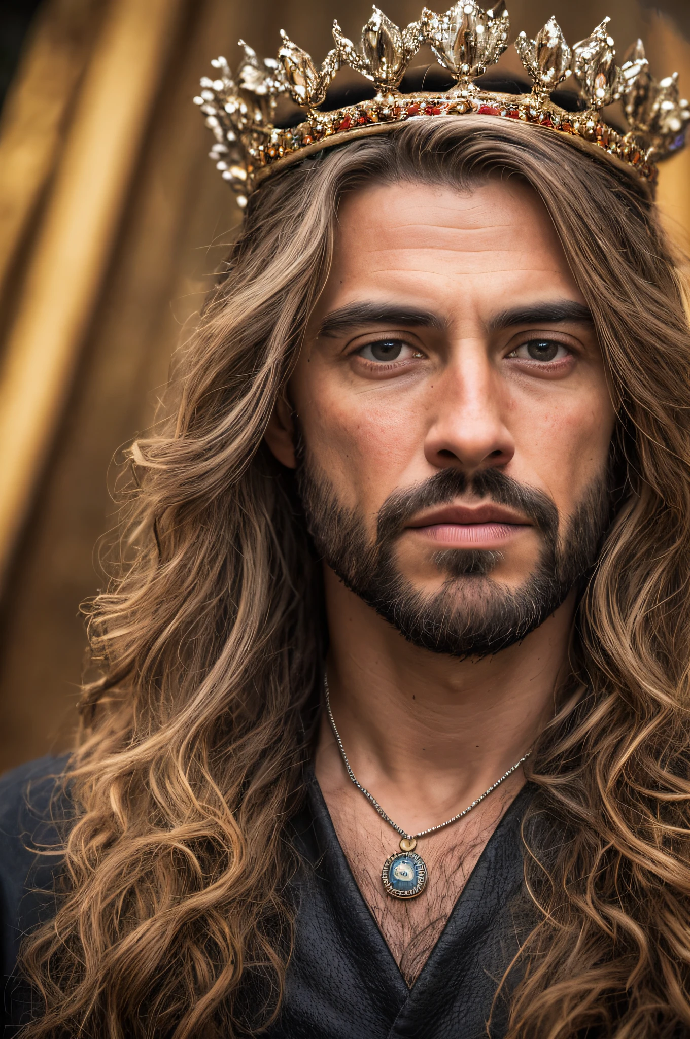Portrait of King Solomon from the Bible, looking directly at me towards the screen 8k Quality Full Body Images, Cinematic Lighting, Depth of Field, Bokeh, Realism, Photorealistic, Hyper-Realism, Professional Photography, UHD, DSLR, HDR, Occlusion environment, Show the king's crown in full.