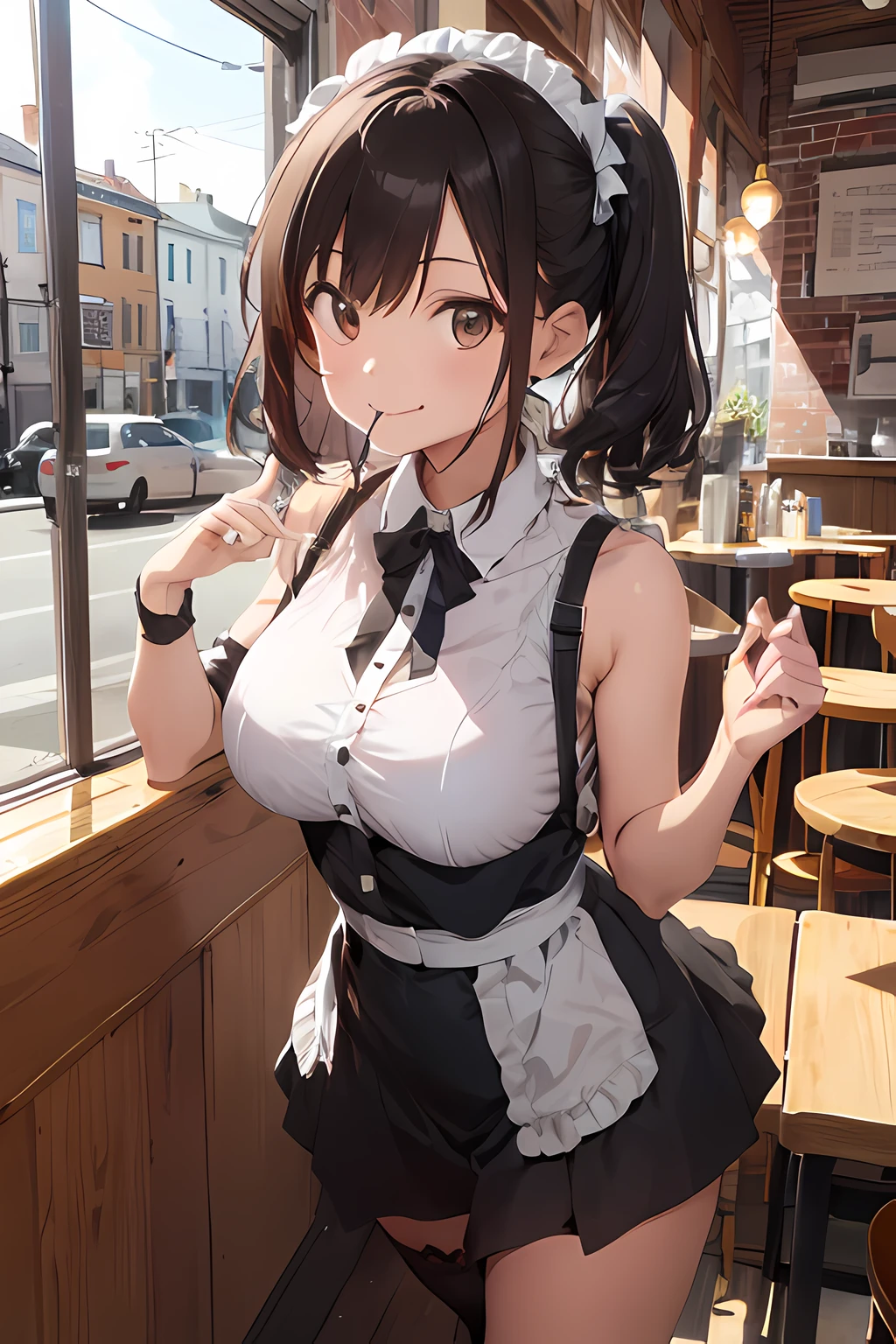 最好质量、1girl in、maid、garterbelts、sora、a cute 、Lustrous skin、24 years old、Shines、High contrast、Tempting、Sensual milf, Working in a café,Stylish café、 big tit、White blouse、Black skirt、Sleeveless、White headband、twintails、short cut hair、Random angles、Smiling and mouth closed、Brown hair、Very beautiful eyes、Brown eyes、Attractive thighs