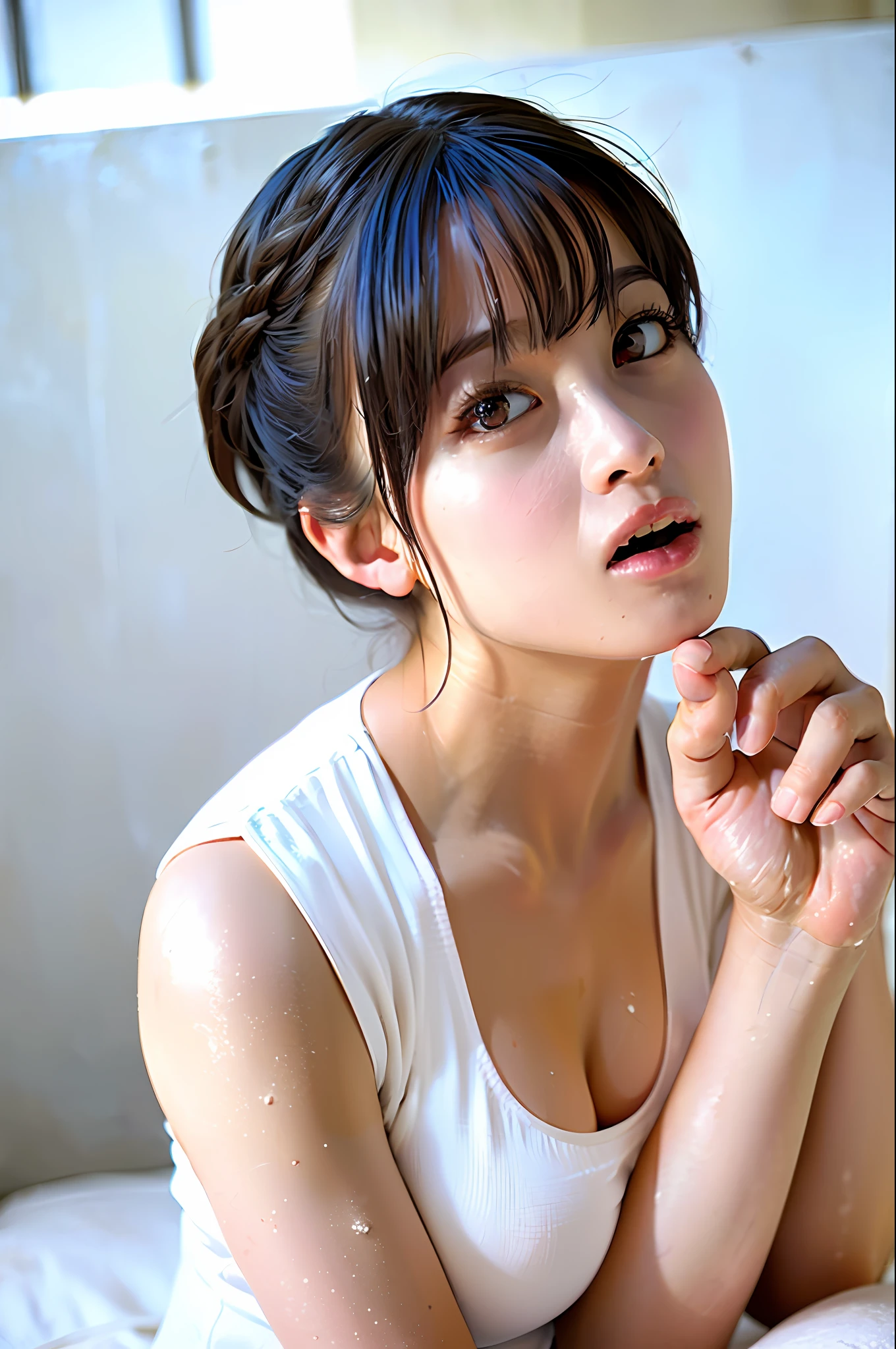 ((Top Quality, 8k, Masterpiece: 1.3)), Crisp Focus: 1.2, Beautiful Woman with Perfect Figure: 1.4, Slender Abs: 1.2, Layer Cut, Big, Colossal, Wet Body: 1.5, Highly Detailed Face and Skin Texture, Detailed Eyes, Double Eyelids, BDSM, Slave, ((Best Quality, 16k, Masterpiece: 1.3)), (Brown Hair)), (Shower, White Water)), (Bathroom)), ( Pose)), ((seductive)), ((sitting, spreading legs)), (soaked breasts)), micro bikini, bed, hair, perfect body, white skin, big breasts, cleavage, (tongue out and mouth open: 1.2), (eyes raised: 1.3), (wet body and T-back: 1.2), photoreality (1.4)), raw photo, single woman, super delicate face Japan, delicate eyes, Double eyelids, light smile, (black underwear with holes: 1.2), (big: 2), (sitting open crotch: 1.5), (chest focus: 1.2), (point of view: chest) sharp focus: 1.2, slim abdomen: 1.2, (no bra) (small and beautiful hard ) (thin moist buttons up to shirt length: 1.1), (white shirt wet from rain), wet body: 1.1, Highly detailed face and skin texture, detailed eyes, sexy