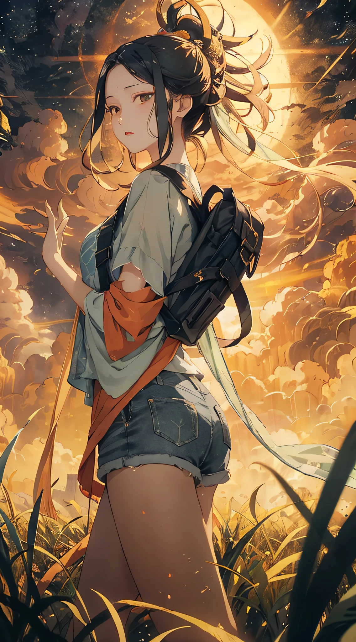 The vast sky,the beautiful skyline,Large grasslands,Intense and dramatic imagery,the moving visual effects,the high-hanging Polaris,Colorful natural light。A long-sleeved top,Short denim pants,A girl carrying a backpack。The sky range is larger,Hand dynamic repair。