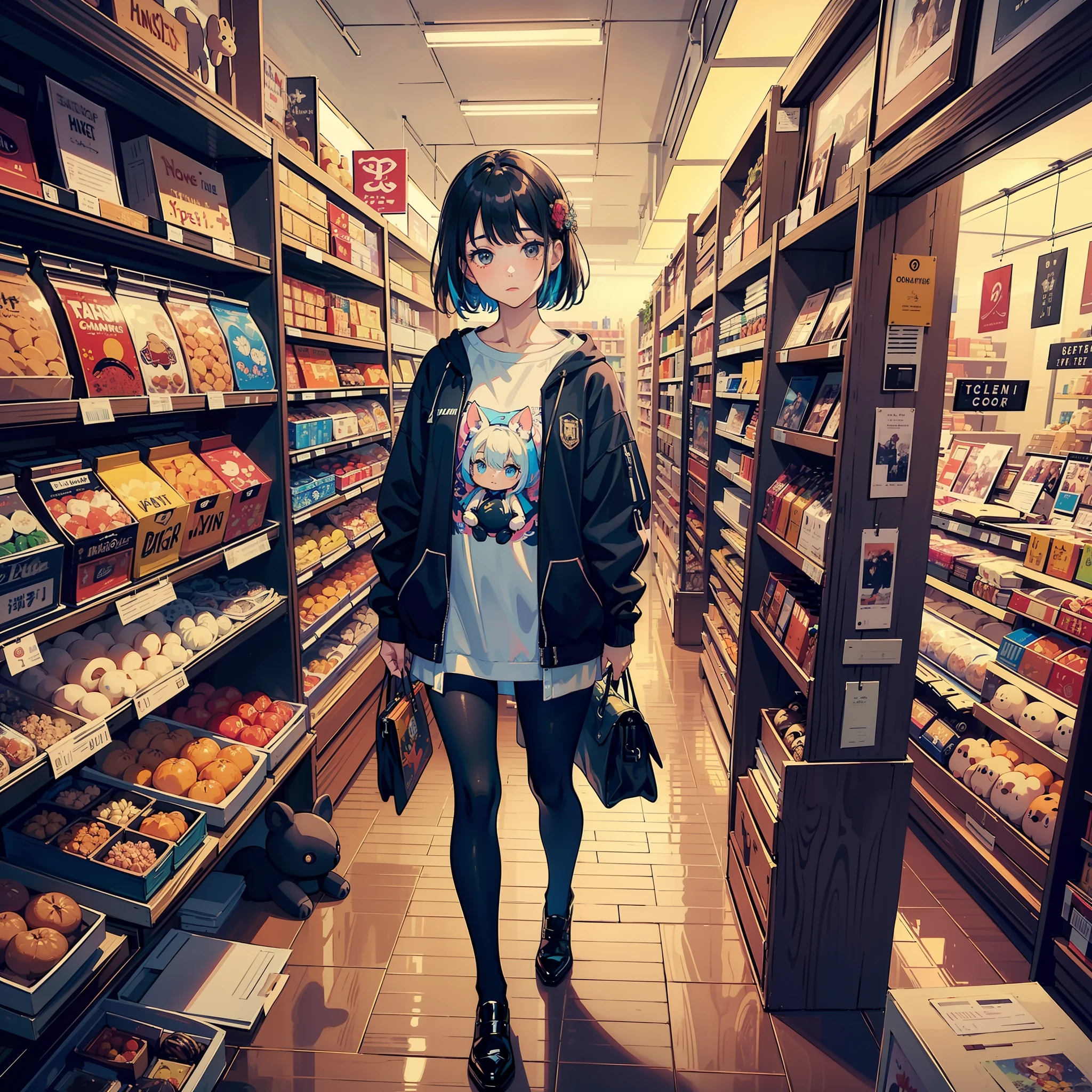 (masterpiece, top quality, best quality, official art, beautiful and aesthetic:1.2), (1girl:1.3), extreme detailed,colorful,highest detailed, from above, solo, 1girl standing in a store with lots of stuffed animals on the shelves and a bag of stuff, depth of field, fisheye lens