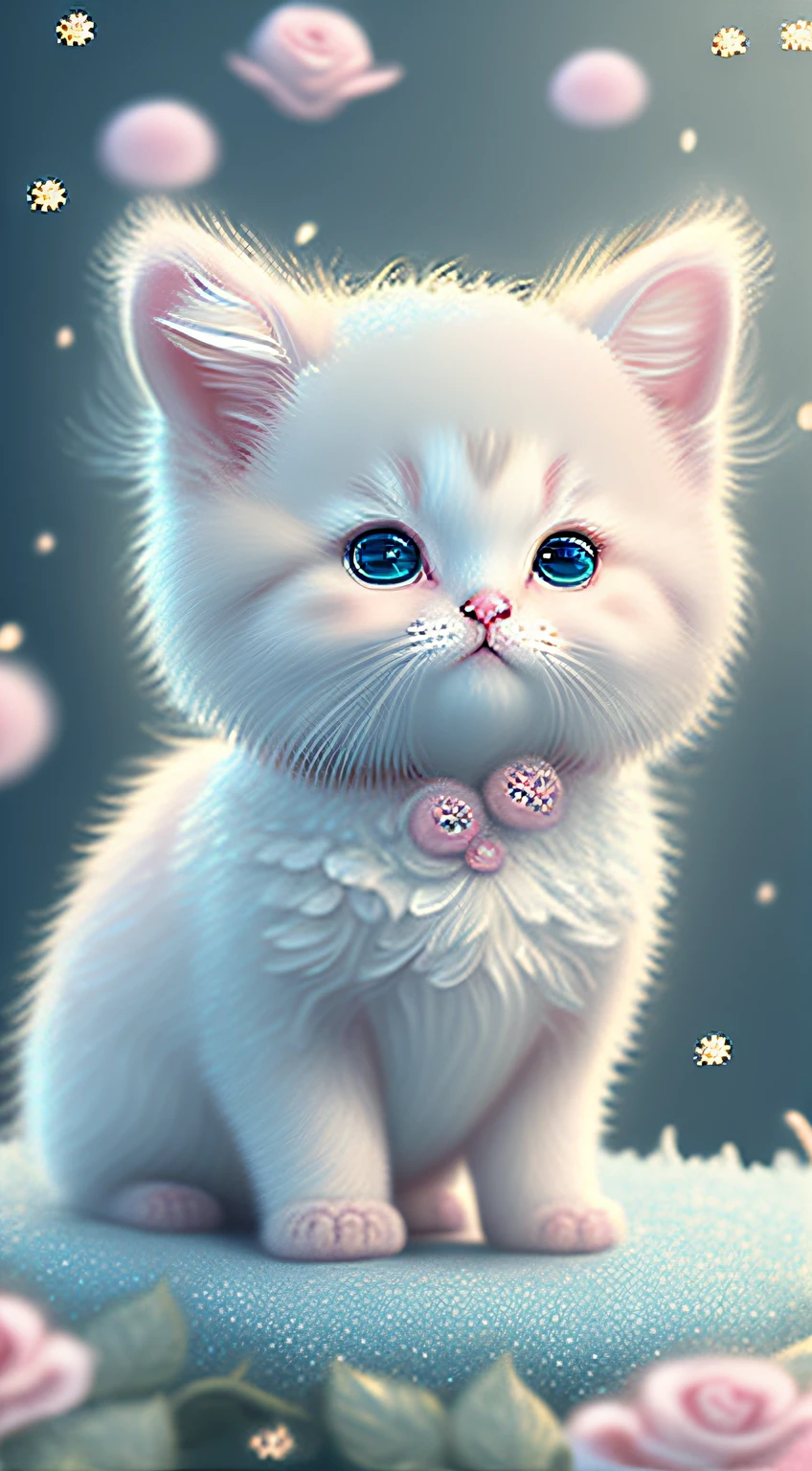 In this ultra-detailed CG art, cute kittens surrounded by ethereal roses, laught, Best Quality, High resolution, Intricate details, Fantasy, Cute Animals, Left, funny, Left!! Mouth!!! Laugh!!