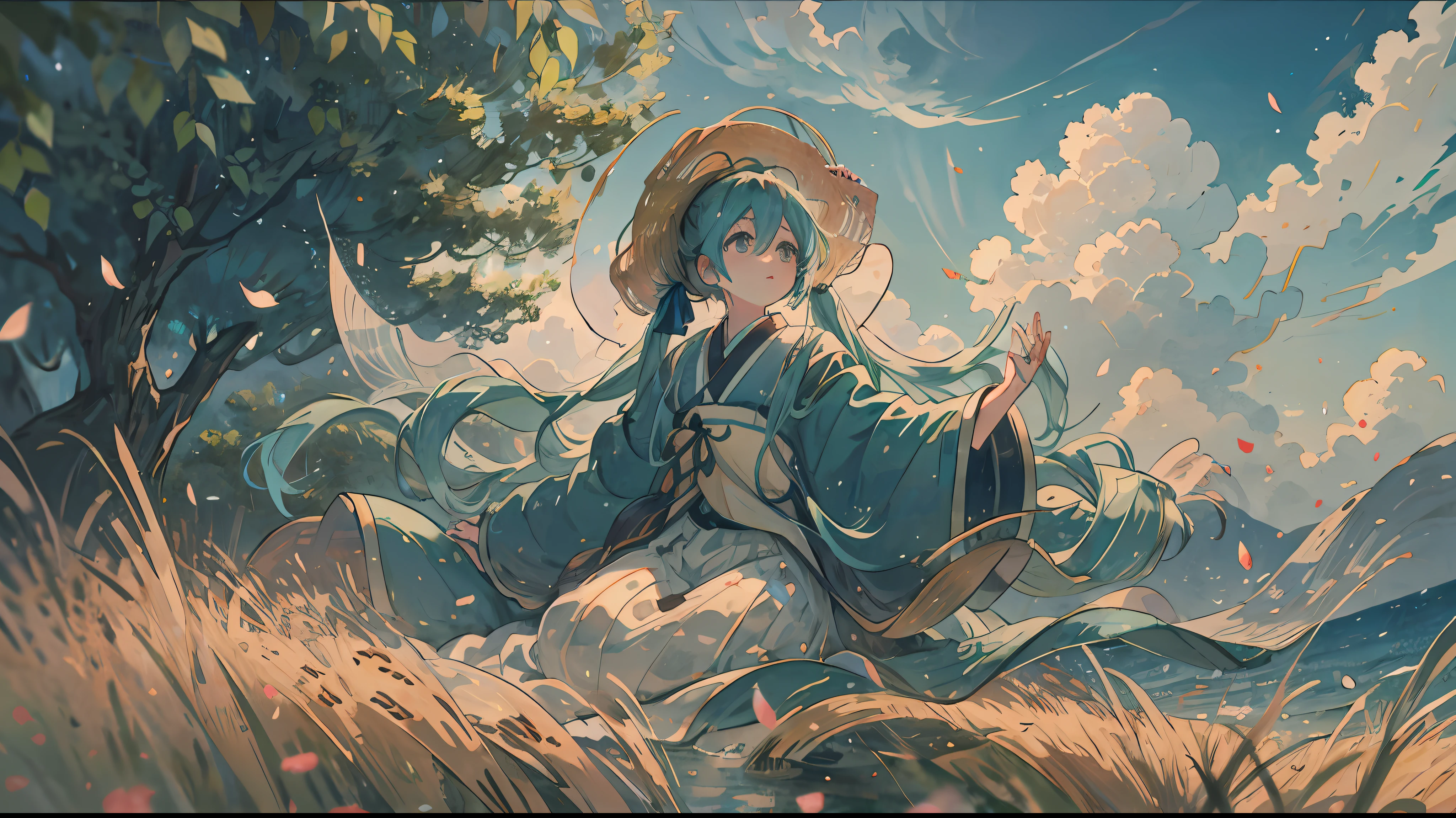 hatsune miku, masterpiece, absurdres, upper body, clenched hands, frustrated, closed eyes, simple background, Japanese clothes, kimono, pov, pov hands,