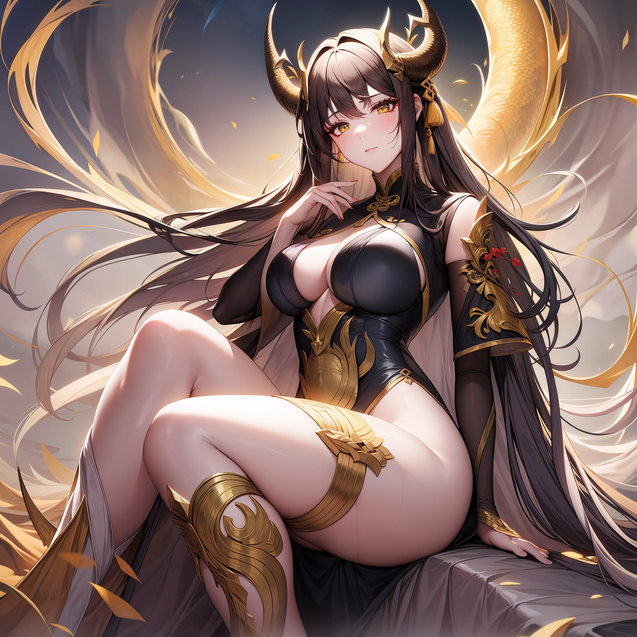 Tall girl, golden eyes, pastel brunette with blue strands of hair, white-gold, tight Chinese outfit, dragon horns and tail, divine light, emotionless look