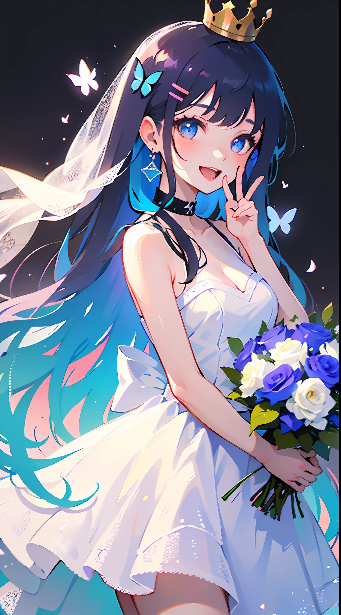 ( ✌:1.5) 1girl, flower, bouquet, white hair, blue flower, hair ornament, blue eyes, dress, solo, rose, smile, long hair, blue rose, holding bouquet, white dress, holding, looking at viewer, butterfly, open mouth, multicolored hair, bug, gradient hair, sleeveless, blush, crown, white background, very long hair, blue hair, :d, virtual youtuber, bangs, hair flower, bare shoulders, earrings, hairclip, jewelry, sleeveless dress, simple background, choker, veil, ribbon, mini crown ,torino aqua,ski style