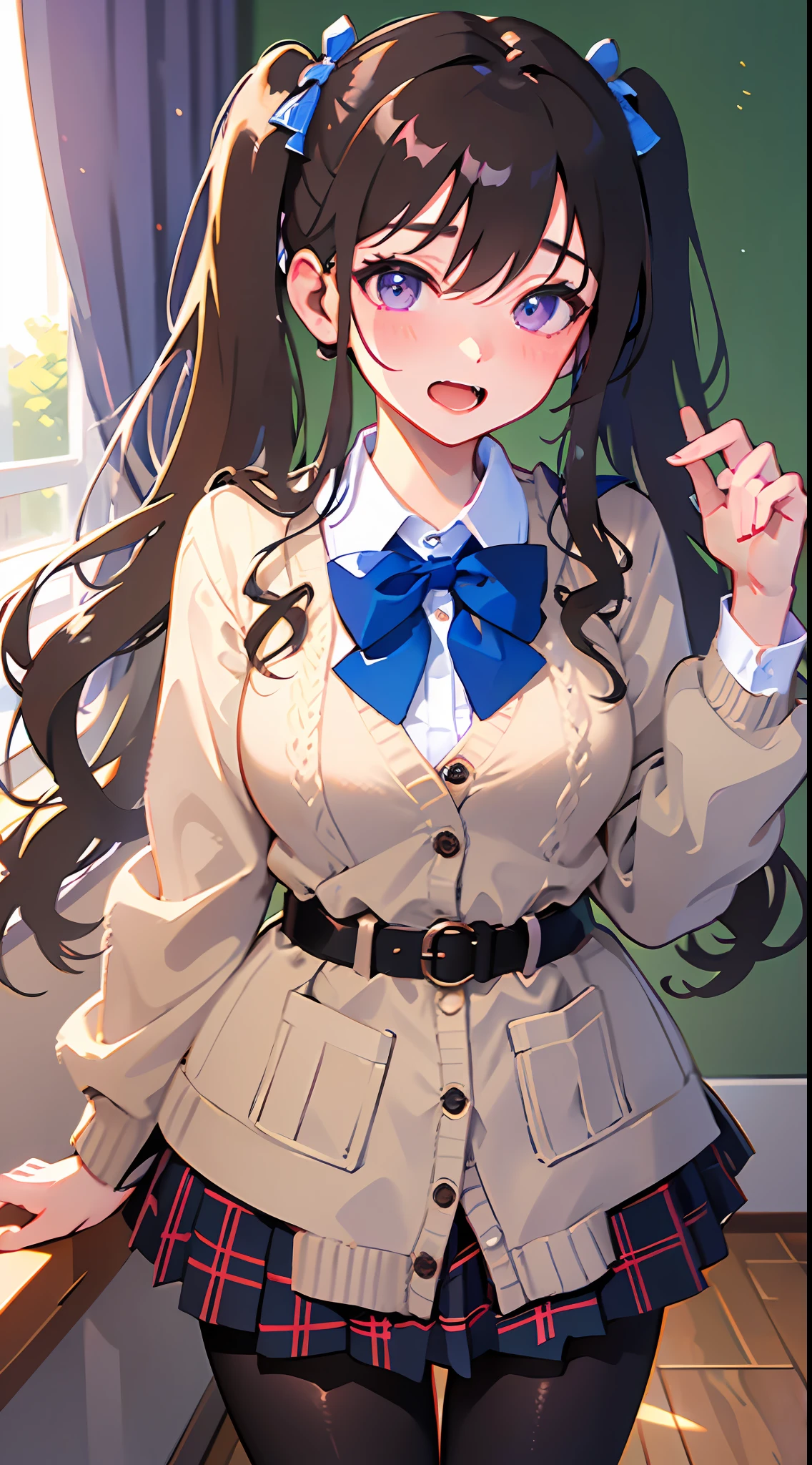 1girl, skirt, purple eyes, plaid, pantyhose, shirt, blush, long hair, twintails, plaid skirt, bow, solo focus, brown hair, collared shirt, white shirt, school uniform, bangs, hair between eyes, cardigan, pleated skirt, 1boy, blue bow, long sleeves, open mouth, low twintails, indoors, brown cardigan, fang, very long hair, plaid bow, grey skirt, bowtie, curtains, cheek pinching, breasts, sleeves past wrists, blonde hair