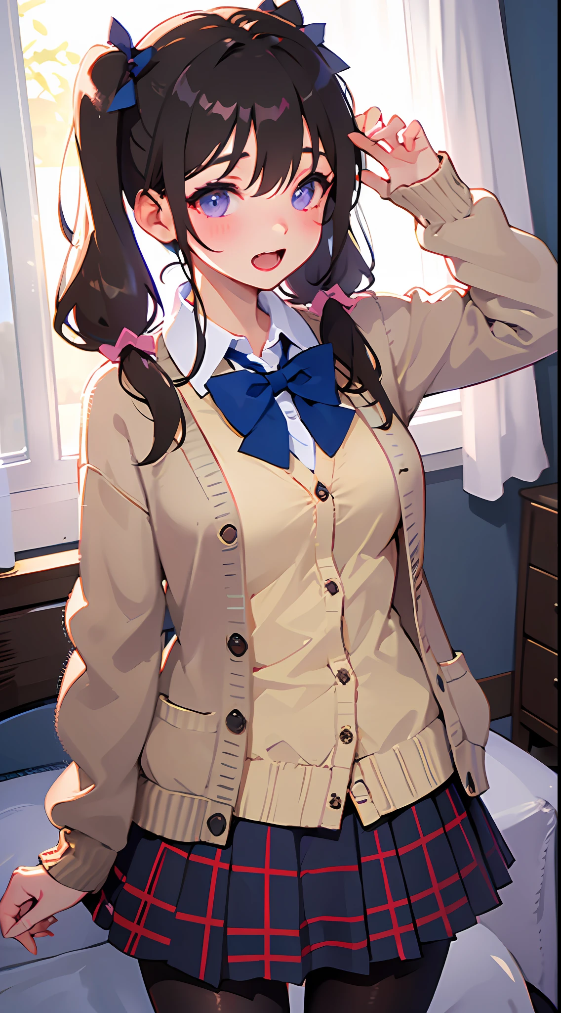 1girl, skirt, purple eyes, plaid, pantyhose, shirt, blush, long hair, twintails, plaid skirt, bow, solo focus, brown hair, collared shirt, white shirt, school uniform, bangs, hair between eyes, cardigan, pleated skirt, 1boy, blue bow, long sleeves, open mouth, low twintails, indoors, brown cardigan, fang, very long hair, plaid bow, grey skirt, bowtie, curtains, cheek pinching, breasts, sleeves past wrists, blonde hair