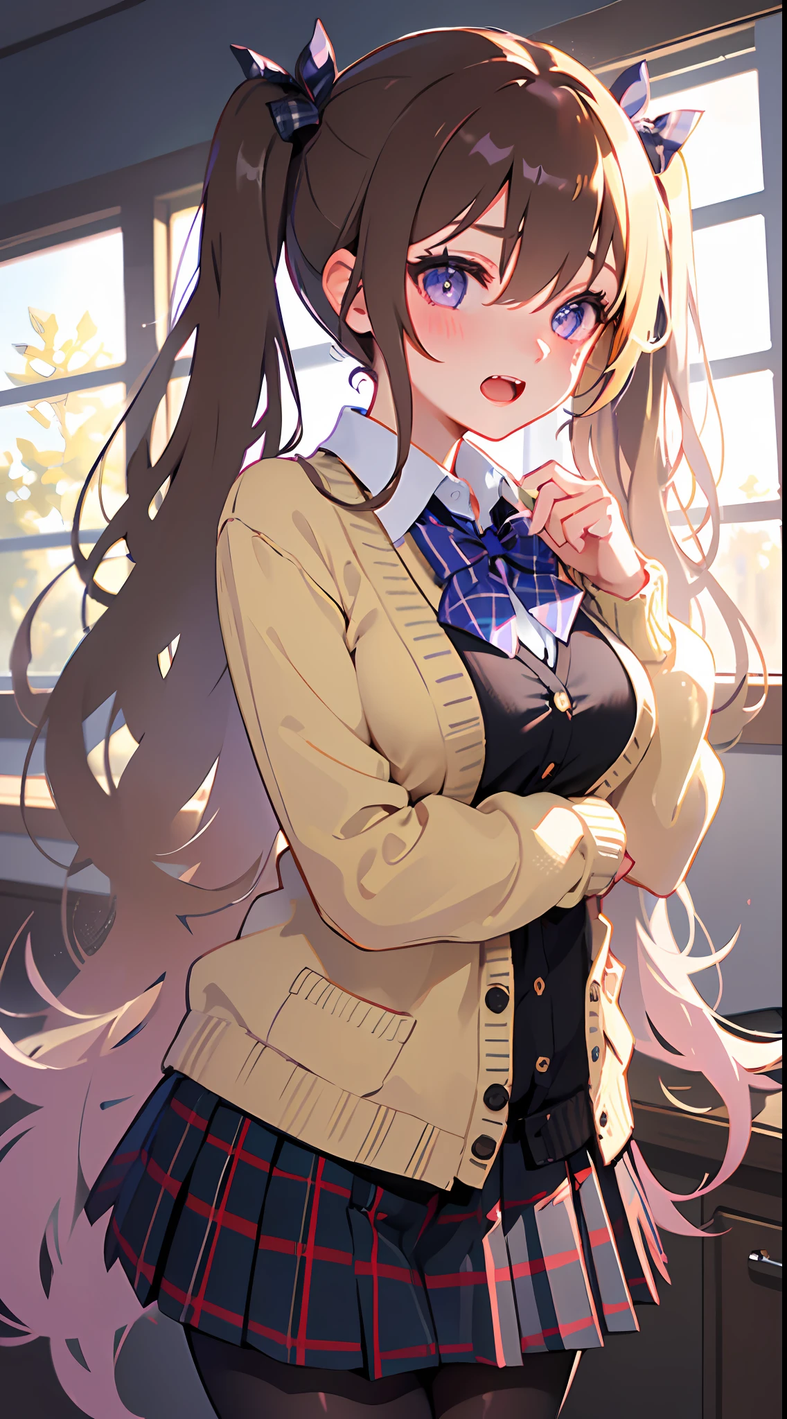 1girl, skirt, purple eyes, plaid, pantyhose, shirt, blush, long hair, twintails, plaid skirt, bow, solo focus, brown hair, collared shirt, white shirt, school uniform, bangs, hair between eyes, cardigan, pleated skirt, 1boy, blue bow, long sleeves, open mouth, low twintails, indoors, brown cardigan, fang, very long hair, plaid bow, grey skirt, bowtie, curtains, cheek pinching, breasts, sleeves past wrists, blonde hair
