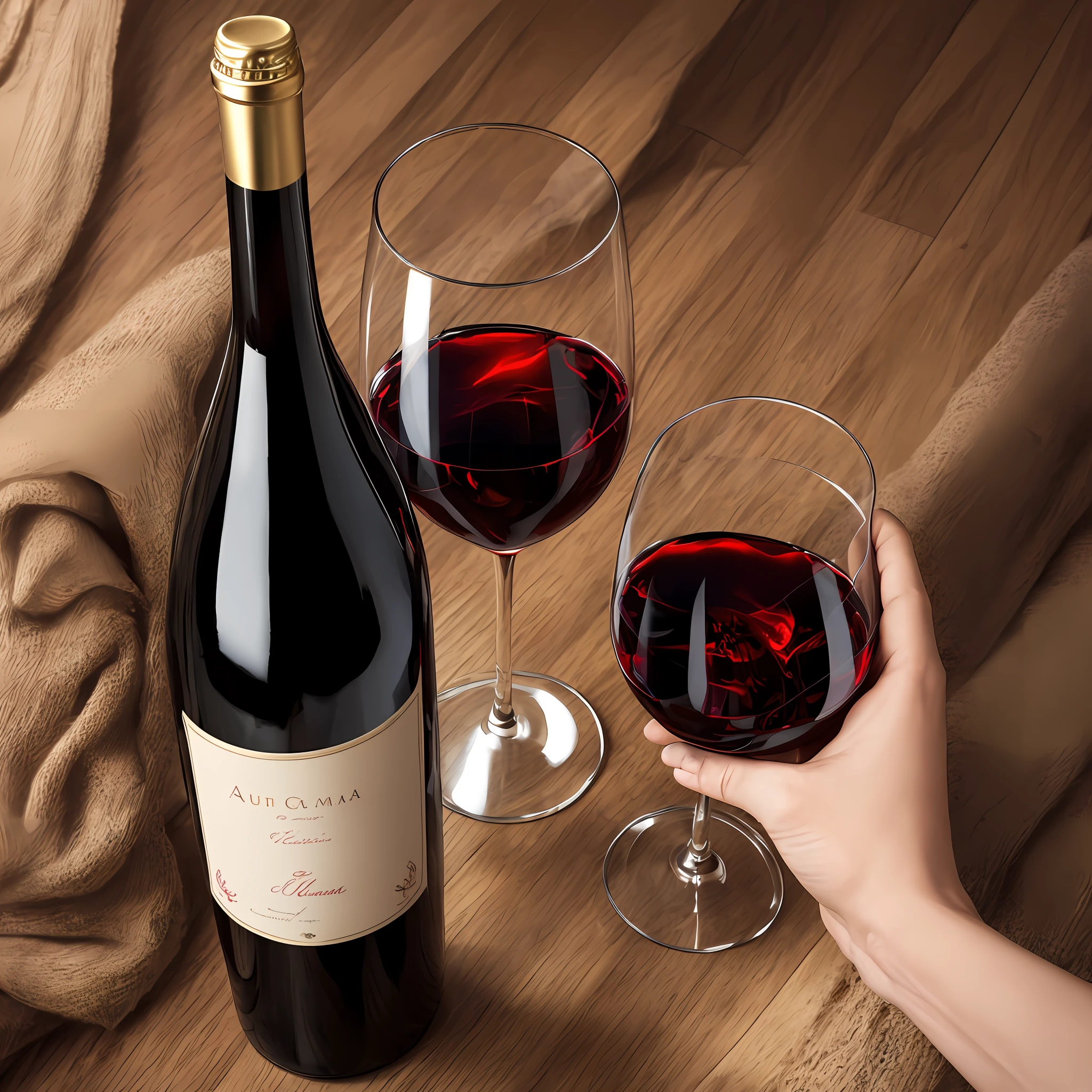 Beautifully packaged red wine，Look up at the perspective，Stereoscopic light，realisticlying，The portrayal is delicate and rich，Luxury texture，beste-Quality， 16:9 --auto