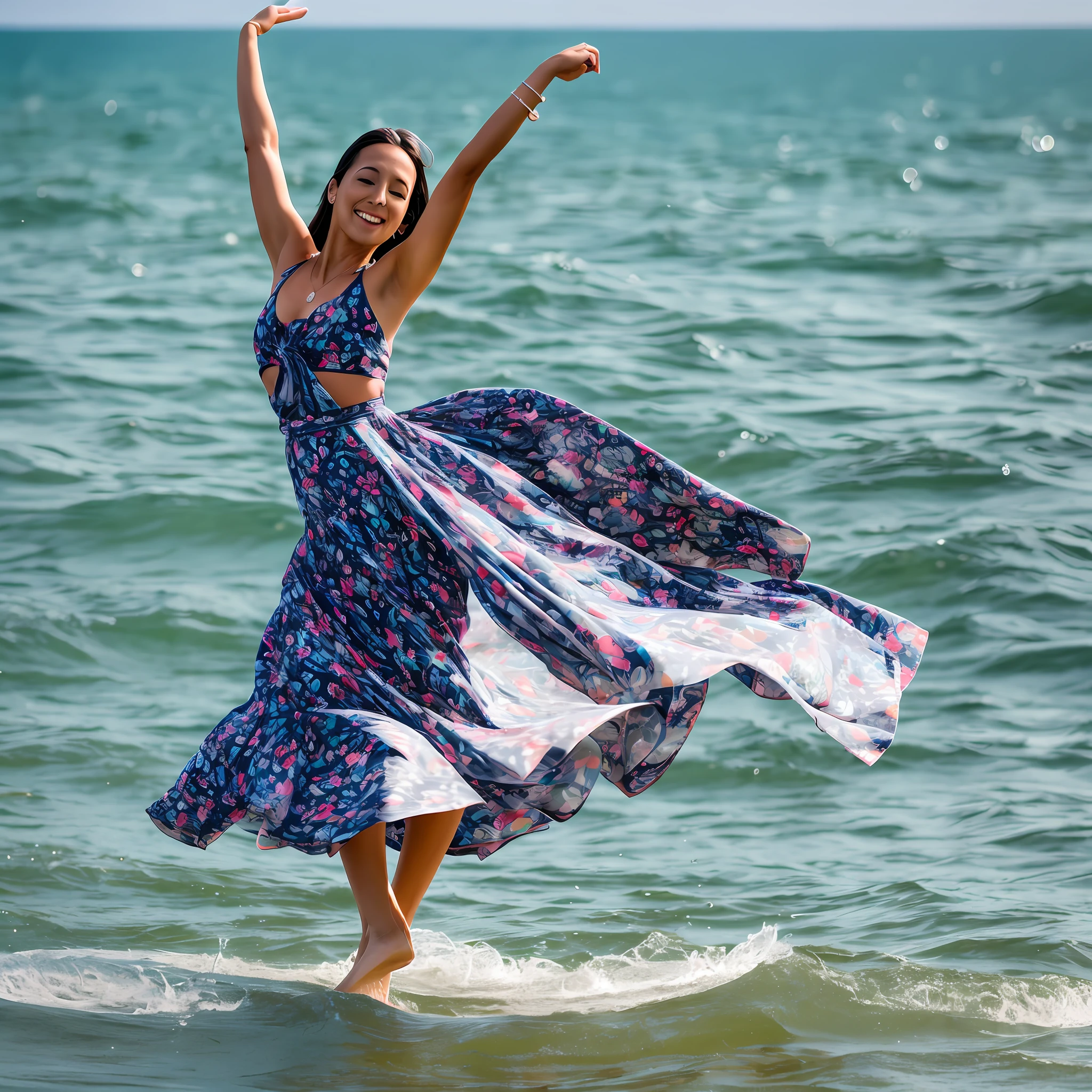 a full body woman dancing in the sea, shot with Sony Alpha a9 II and Sony FE 200-600mm f/5.6-6.3 G OSS lens, natural ligh, hyper realistic photograph, ultra detailed –ar 3:2 –q 2 –s 750 --auto