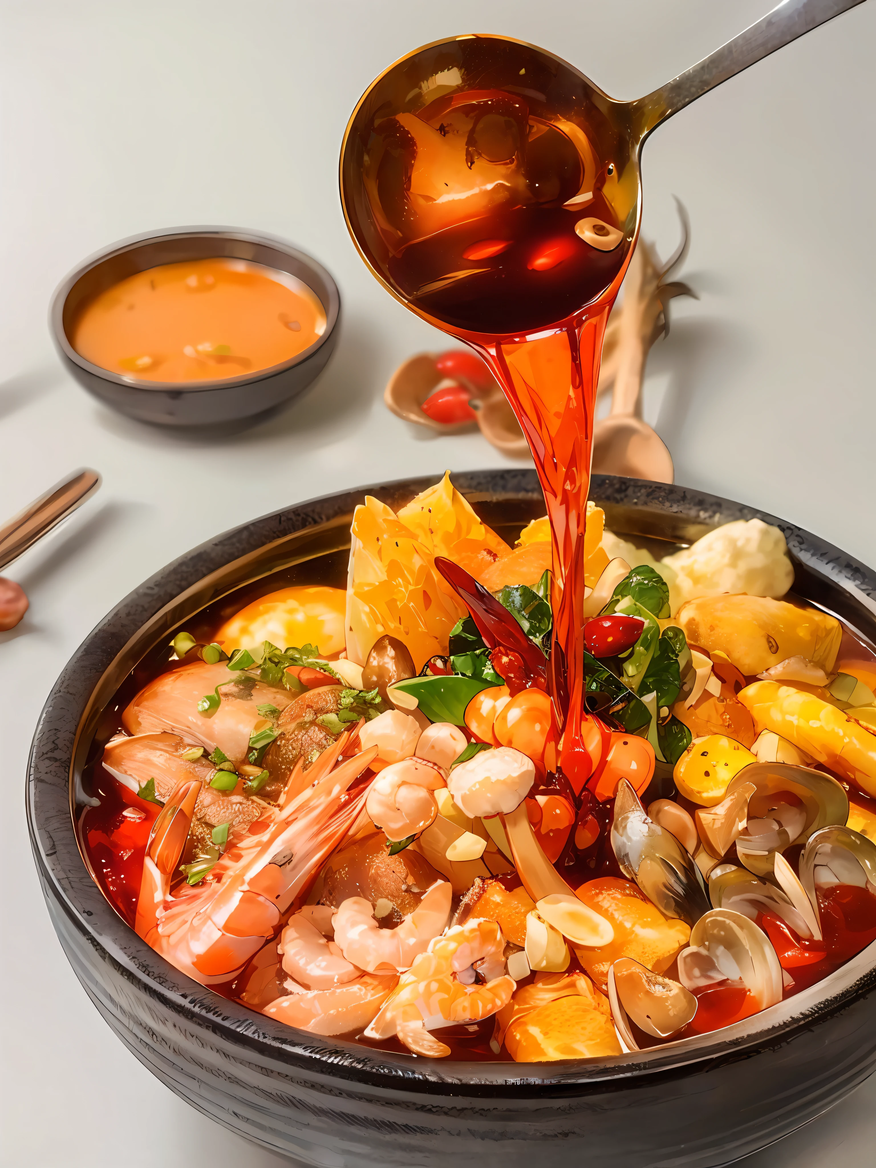 Close-up spicy mix, seafood mushrooms, small octopus, red oil, shrimp, green peppercorns, sixty-sixth century pepper, green vegetables, bok choy, tofu puffs, super realistic food pictures, the complete subject shown in the photo, a spoon is pouring into a bowl Red Oil, Randy Post, hyper realistic ", hyper realistic", high res photo